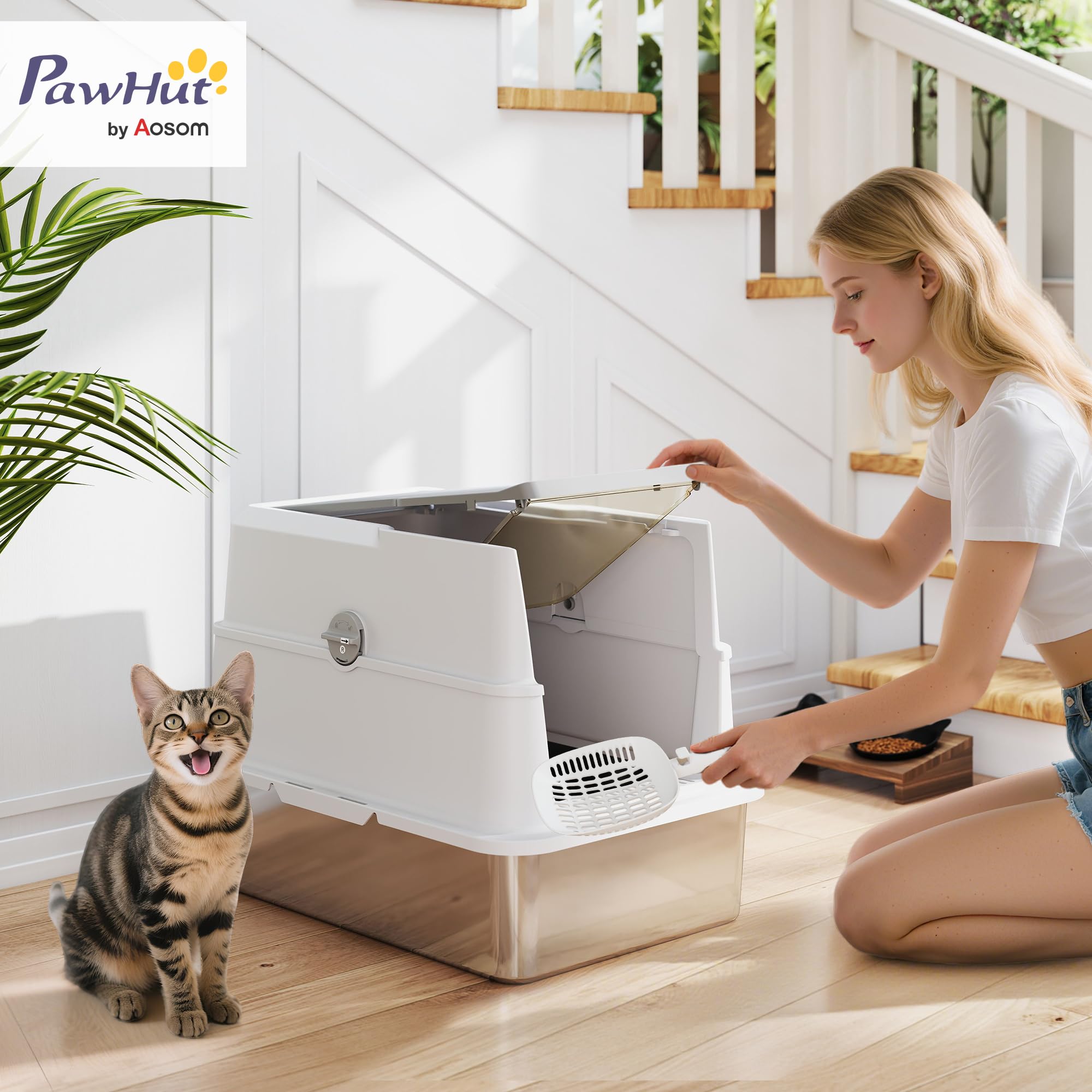 PawHut Lettiera per Gatti XL in Acciaio Inox con Coperchio Grigio Chiaro | Lettiera Chiusa, per Gatti Grandi, con Paletta, Coperchio Ribaltabile, Deodorante