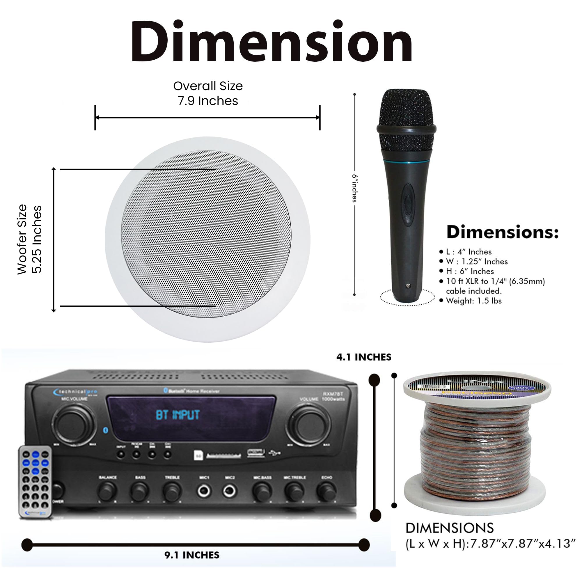 Kit de système home cinéma 1000 W avec récepteur Bluetooth avec 6 haut-parleurs muraux de 175 W chacun et microphone portable de calibre 16 de 76,2 m avec télécommande Technical Pro