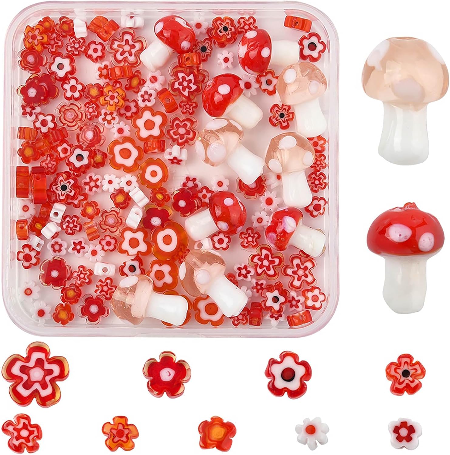 156Pcs Millefiori Lampwork Glass Beads for Jewelry Making Handmade Red Flower Mushroom Spacer Beads for Bracelets Necklaces Earrings Crafting