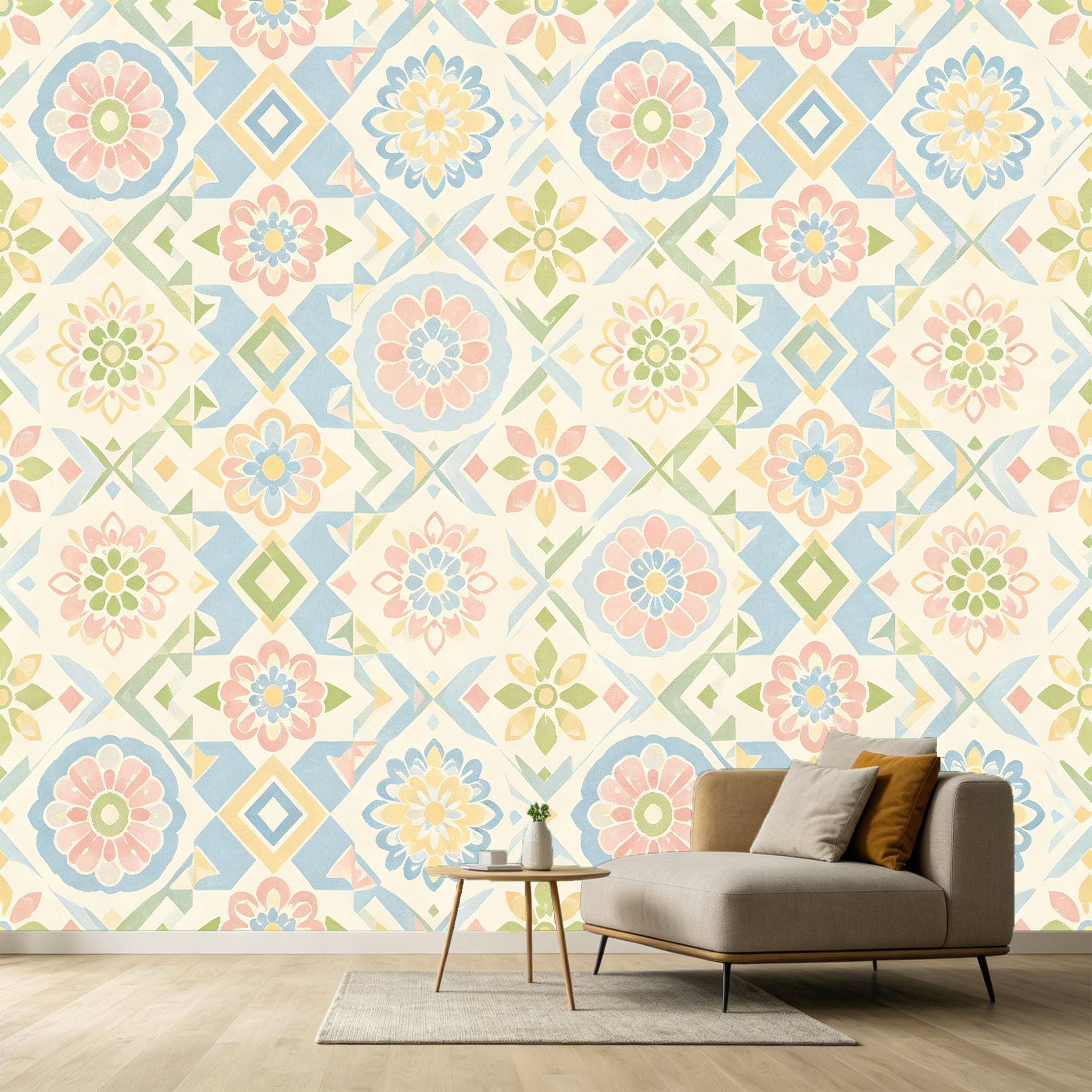 Custom Size Wall Murals Geometric Floral Pattern Watercolor Style Pastel Tones Art SelfAdhesive Wall Fabric Removable Large Wallpaper for Photo Living Room