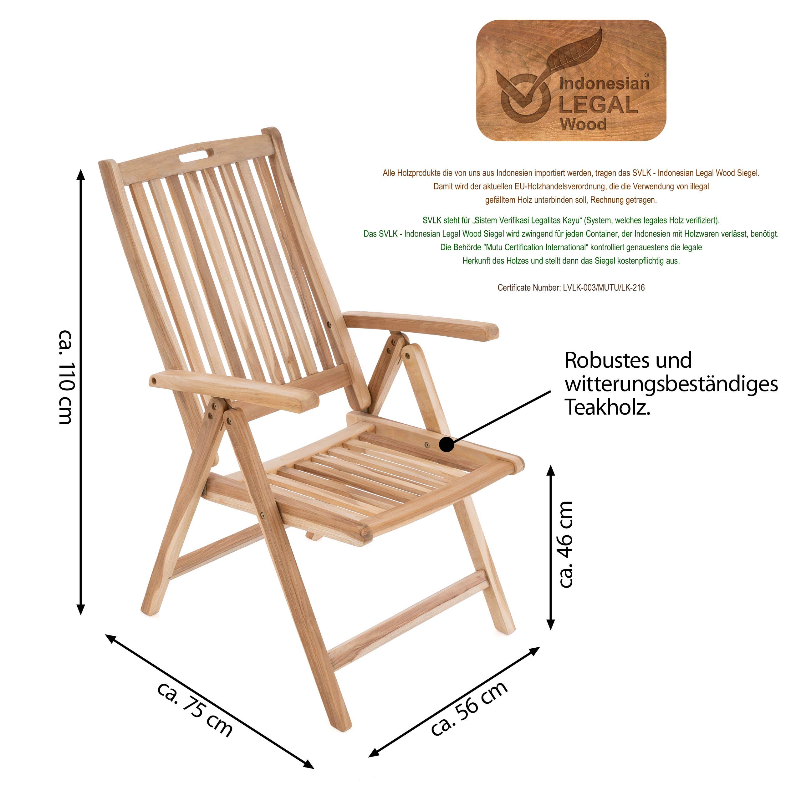 Divero Klappstuhl Granada aus Teak-Holz, unbehandelt – Farbe: Natur-Braun | massiv und wetterfest