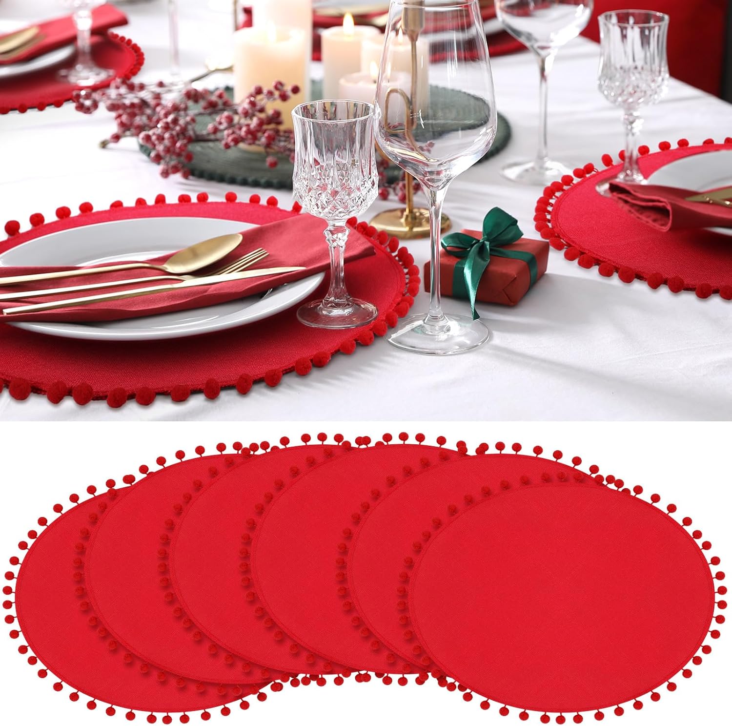 Windkream 6 Pcs Christmas Placemats with Fluffy Balls