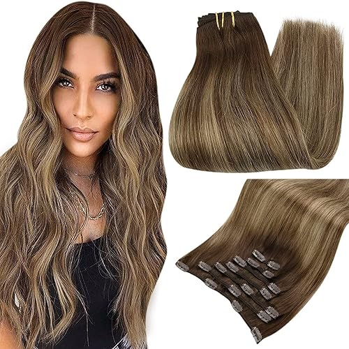 Full Shine Balayage Clip in Hair Extensions Clip in Extensions Ombre Brown to Honey Blonde Highlight Straight Hair Double Weft Clip in Hair Extensions for Women 120 Gram 7Pcs 22 Inch
