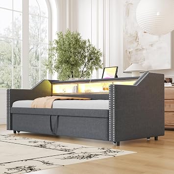 dolamaní day bed 90/180 x 190 cm with guest bed trundle bed same height bed extendable to double bed sofa bed for adults 2 people line (dark gray b)