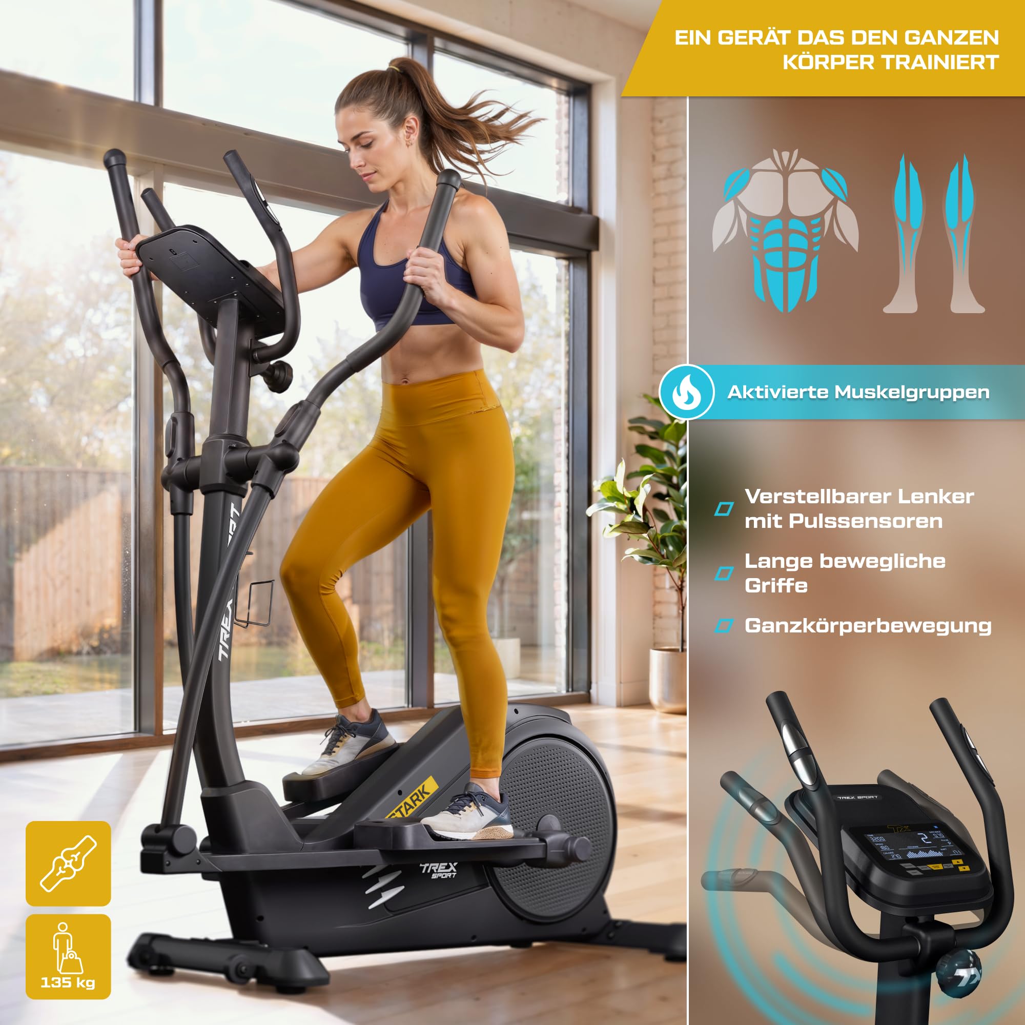 TREX SPORT Crosstrainer für Zuhause STARK bis 135kg Elektrisch 32 Stufen | TX-700ECT Ellipsentrainer mit Computer & Pulssensoren, Magnetbremssystem mit 32 Widerstandsstufen, 21 Programme