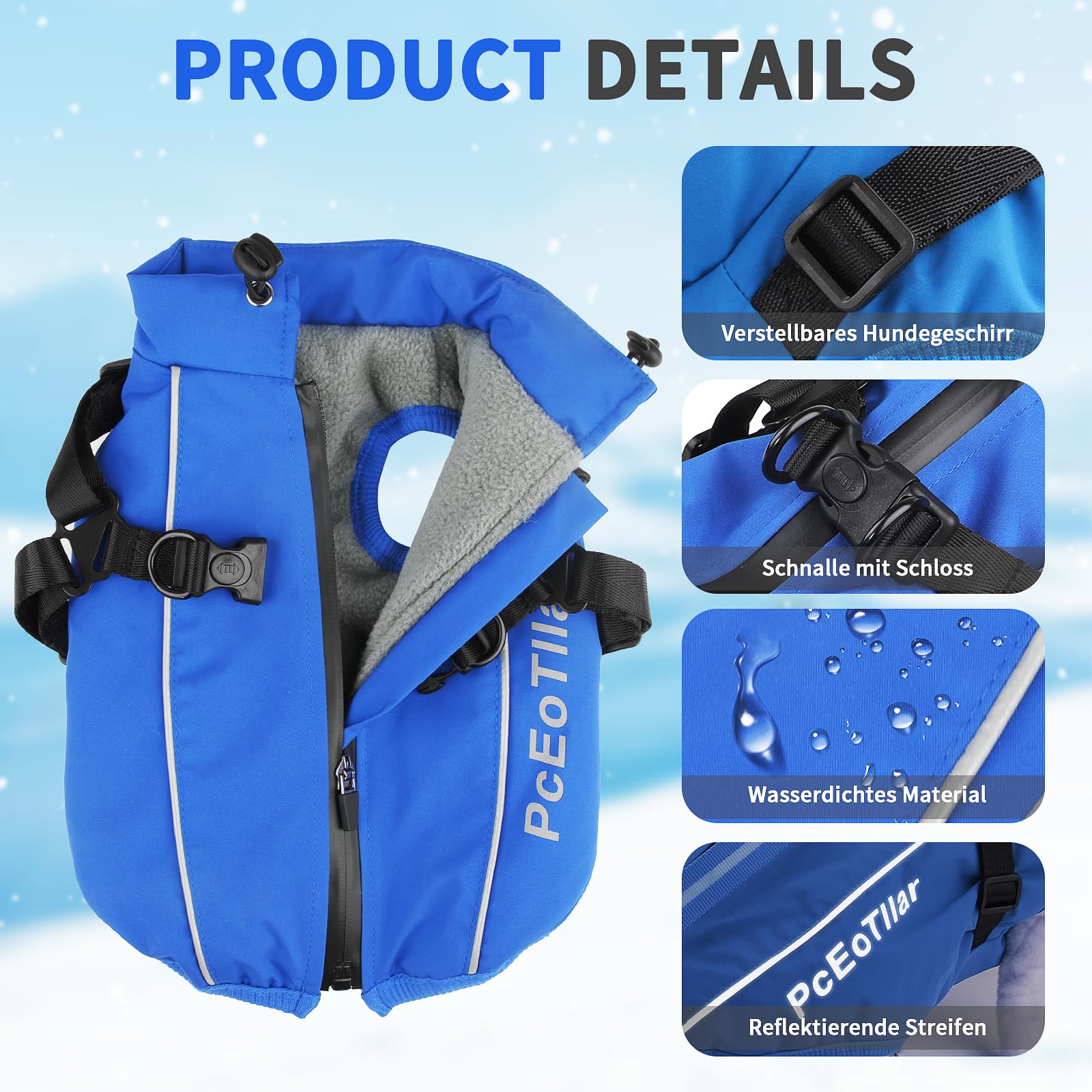 PcEoTllar Wasserdichter Hundemantel für kleine Hunde, warme reflektierende Jacke mit Geschirr für den Winter, Ski-Kostüm, Baumwolle, Hundepullover