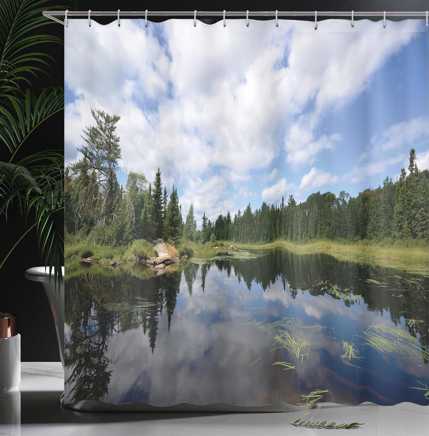 Ambesonne Minnesota Shower Curtain, Landscape of Wild Virgin Nature of Thick Forests and Cloud Reflections on River, Cloth Fabric Bathroom Decor Set with Hooks, 69" W x 70" L, Green and Blue