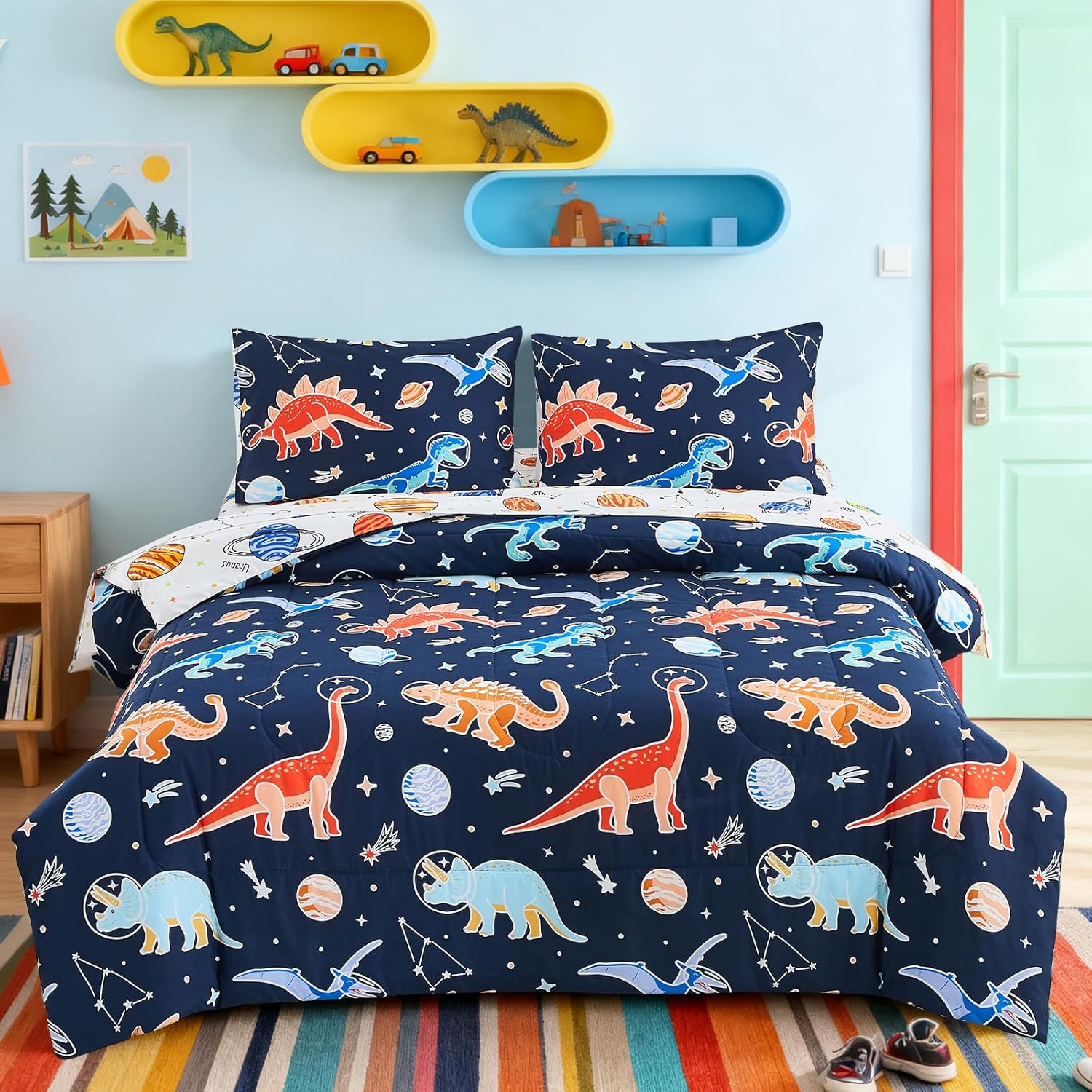 Aimuan Glow in The Dark Space Comforter Set Kids Dinosaur Animals Bedding Set Super Soft & Cute Planet Printed for Boys Girls Teen (Black, Twin 5Pcs)