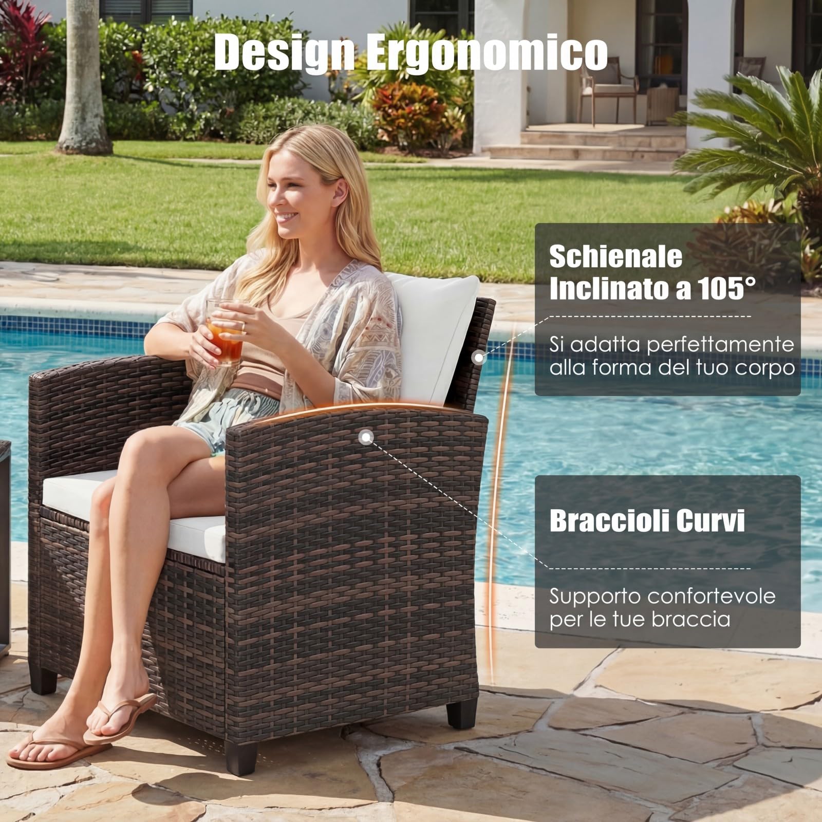 COSTWAY Set Mobili da Giardino 3 Pezzi, Salotto da Esterno in Rattan PE con Cuscini Sfoderabili, Tavolino in Vetro Temperato Beige