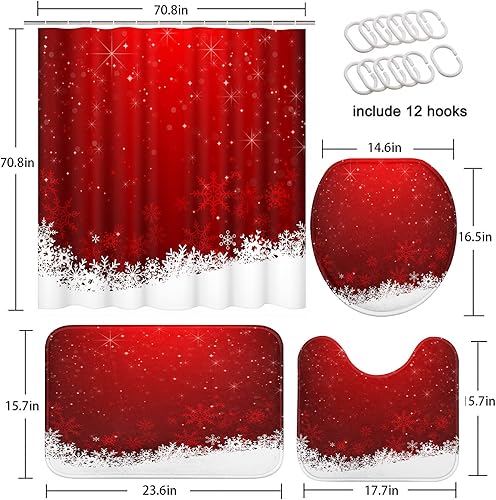 Miniatura 4 de ArtSocket Juego de baño de Feliz Navidad con cortina de ducha y accesorios de alfombras, cortina de ducha roja de copo de nieve con estrella de