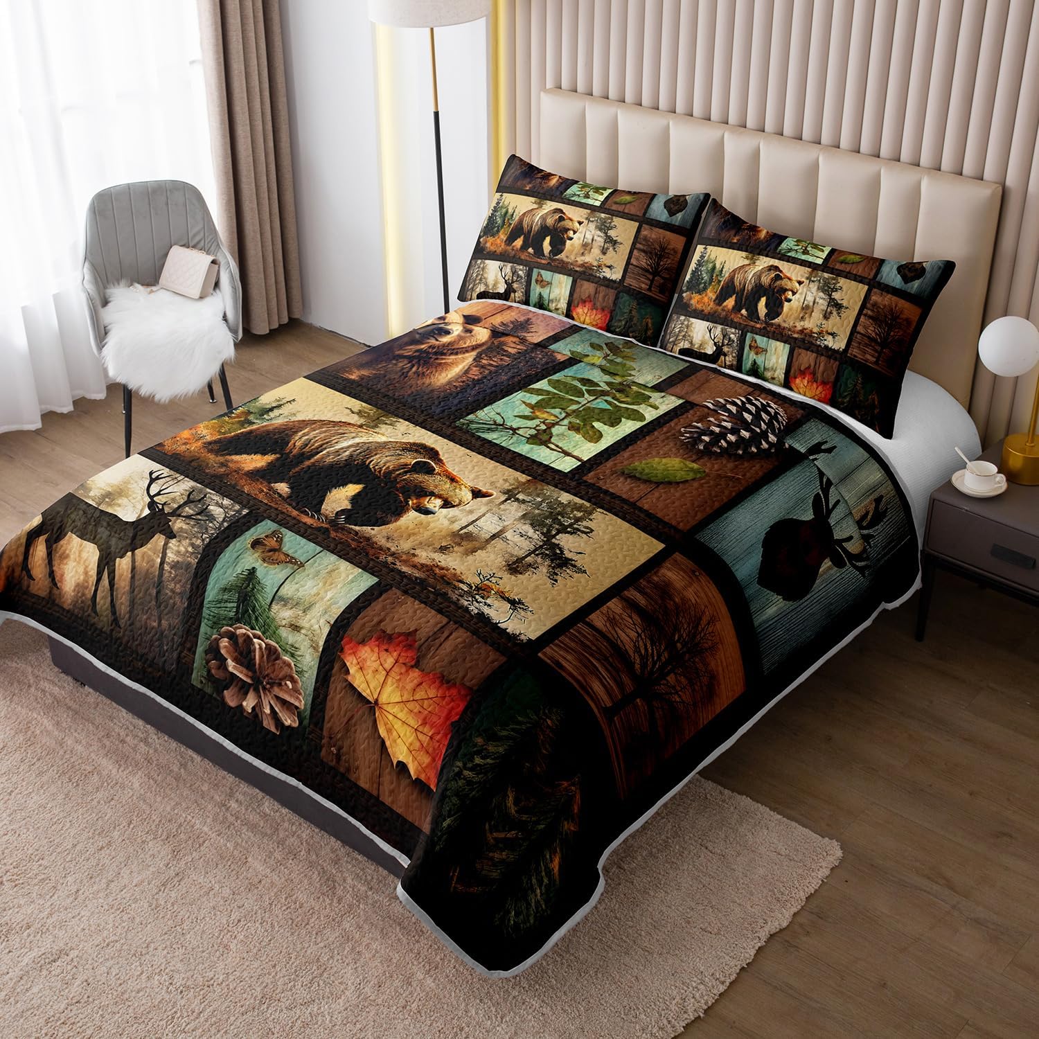 HOSIMA Quilts Queen Size,Deer Bear Print Forest Bedding Sets for Hunting Room Decor,Pine Cone Pattern Brown Hunting Themed Plaid Patchwork Bedding Quilts with 2 Pillowcases. - Image 2