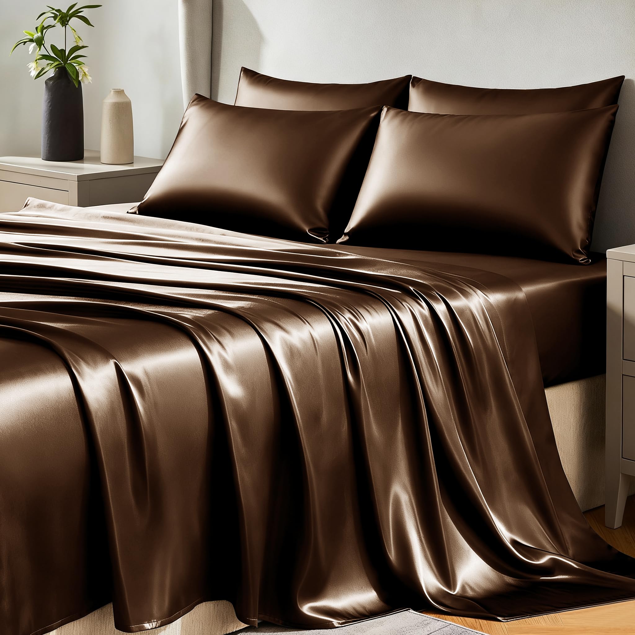 CozyLux Satin Sheets King Size Sheet Set - 6 Piece Silky King Sheets, Luxury Brown King Bed Set with Smooth and Soft Microfiber, Includes 1 Fitted Sheet, 1 Flat Sheet and 4 Pillowcases