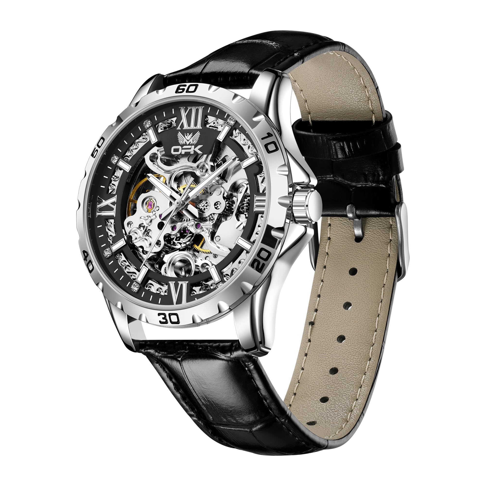 OPK Mens Automatic Skeleton Watch Blue Dial Black Dial Black - Image 1