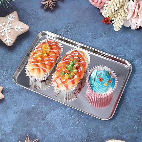 Miniatura 8 de 16 bandejas para hornear de acero inoxidable, bandejas de metal pequeñas, bandejas rectangulares profesionales para horno, horno y tostadora, (9.1 x
