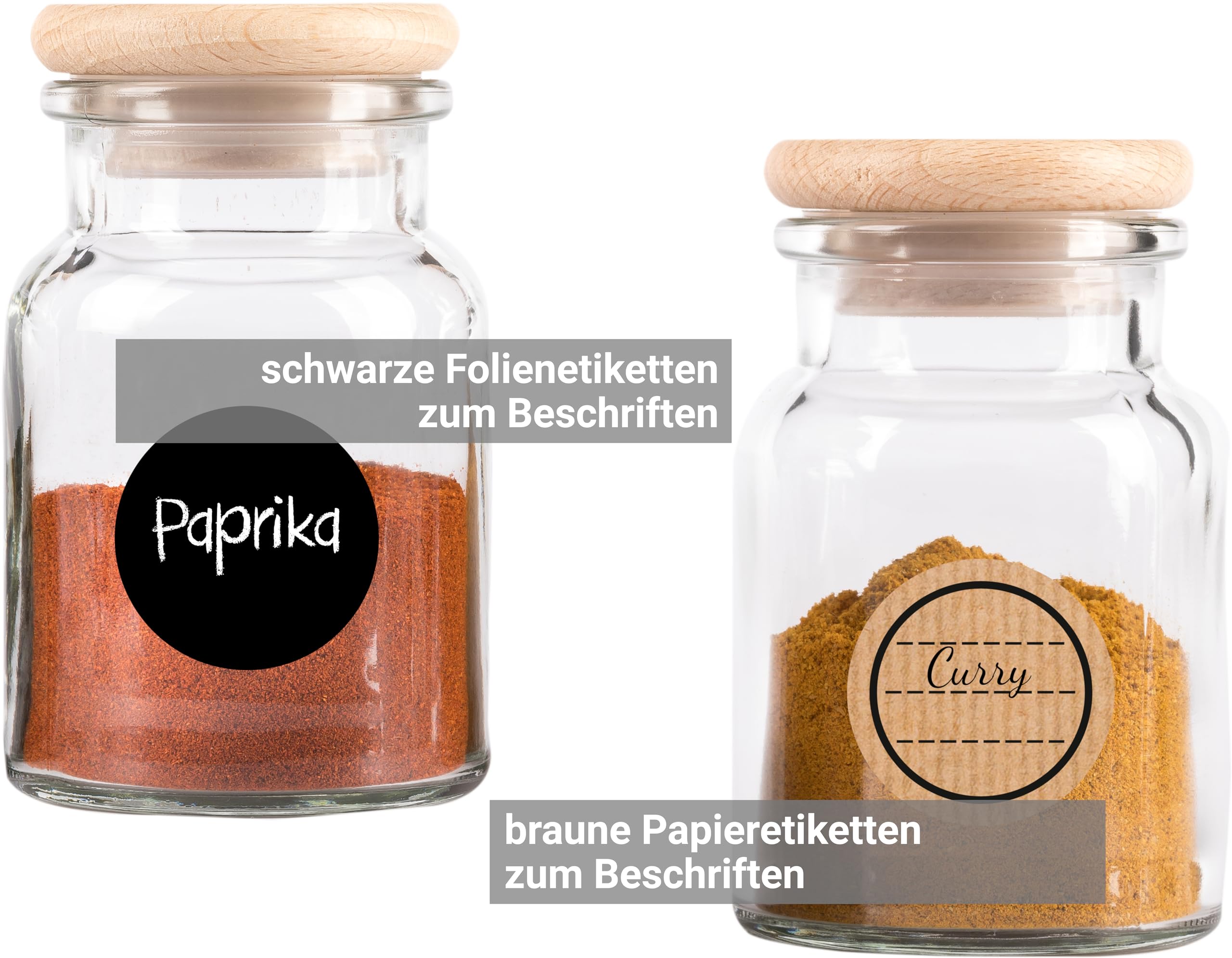 Gewürzgläser Set, 15x Vollholz Deckel ohne Leim & 150ml Glas