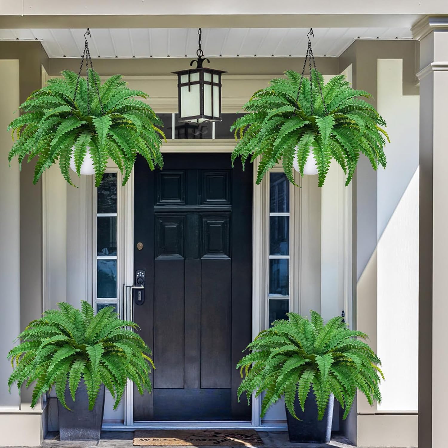 2Pack Artificial Boston Ferns Hanging Plants 23.6'' Fake Silk Fern 50 Leaves That Look Real in Pots for Outdoors & Indoor Faux Potted Plant for Home Porch Patio Garden Decor - Image 2