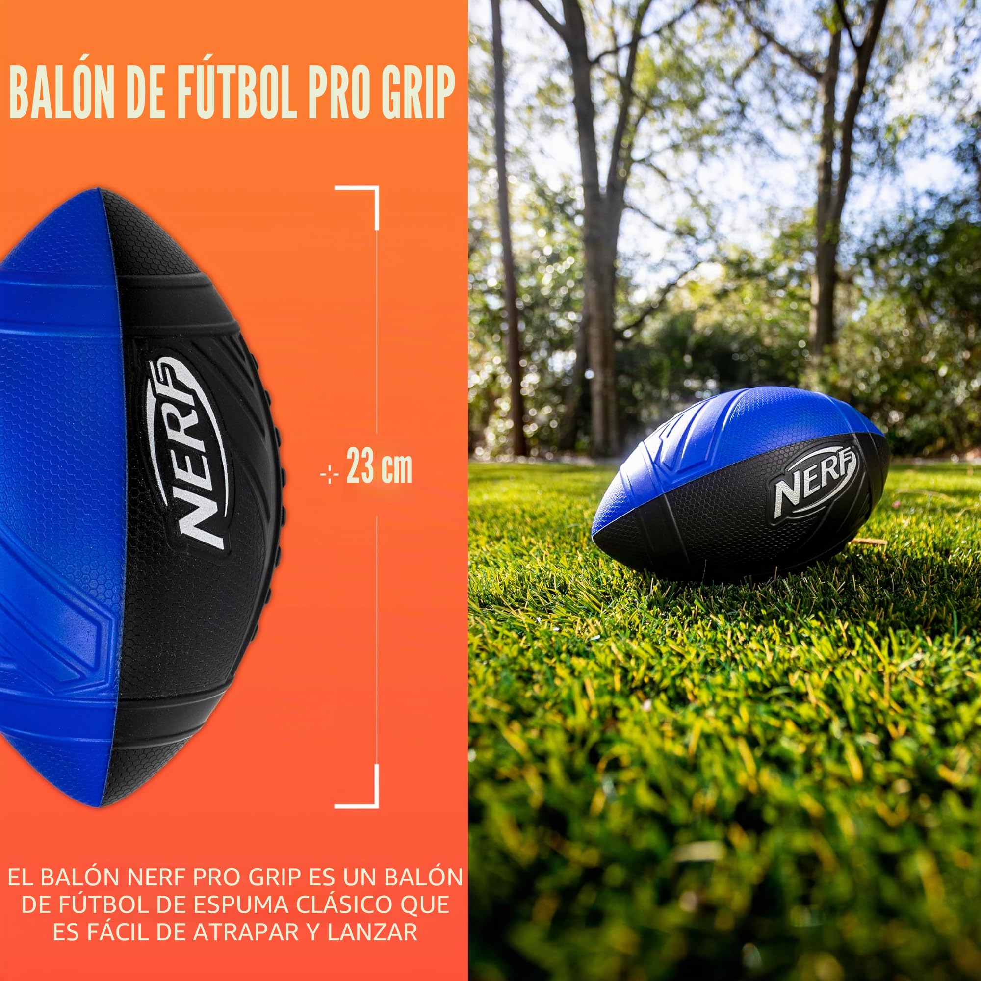 Nerf Pro Grip - Balón de fútbol clásico de espuma, fácil de atrapar y lanzar, ideal para jugar en interiores y exteriores, color azul