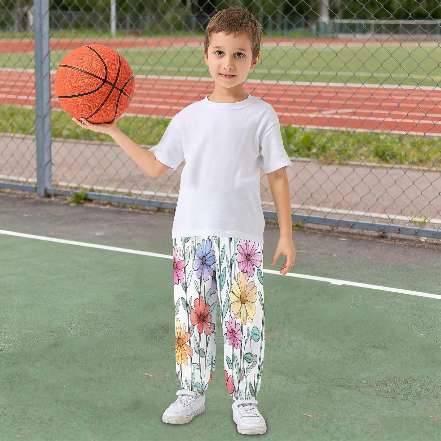 Boy Sweatpants Colored Daisy Wildflowers Joggers Casual Athletic Pants Kids Elastic Waist Cuffed with Pockets