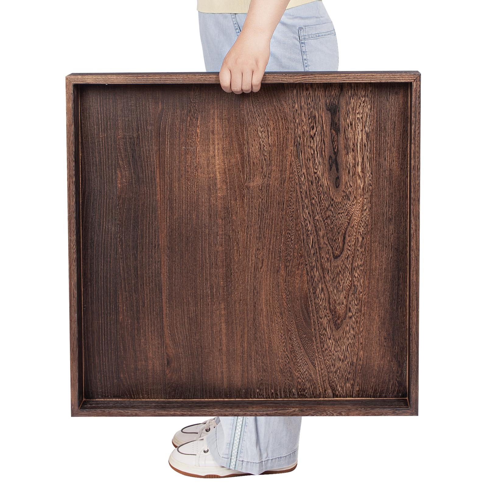 Ottoman Tray for Coffee Table Living Room Wood Serving Tray Large Wooden Square 24 Inches Rustic Brown