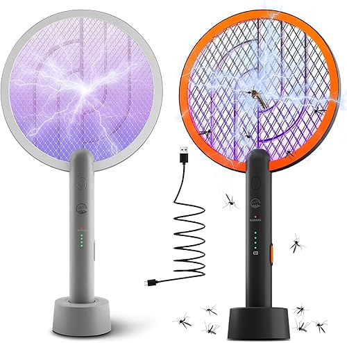 Mosiller Raqueta matamoscas eléctrica de 4000 V, 2 en 1, matamosquitos con base de carga, raqueta recargable de luz de mosquitos morada para el
