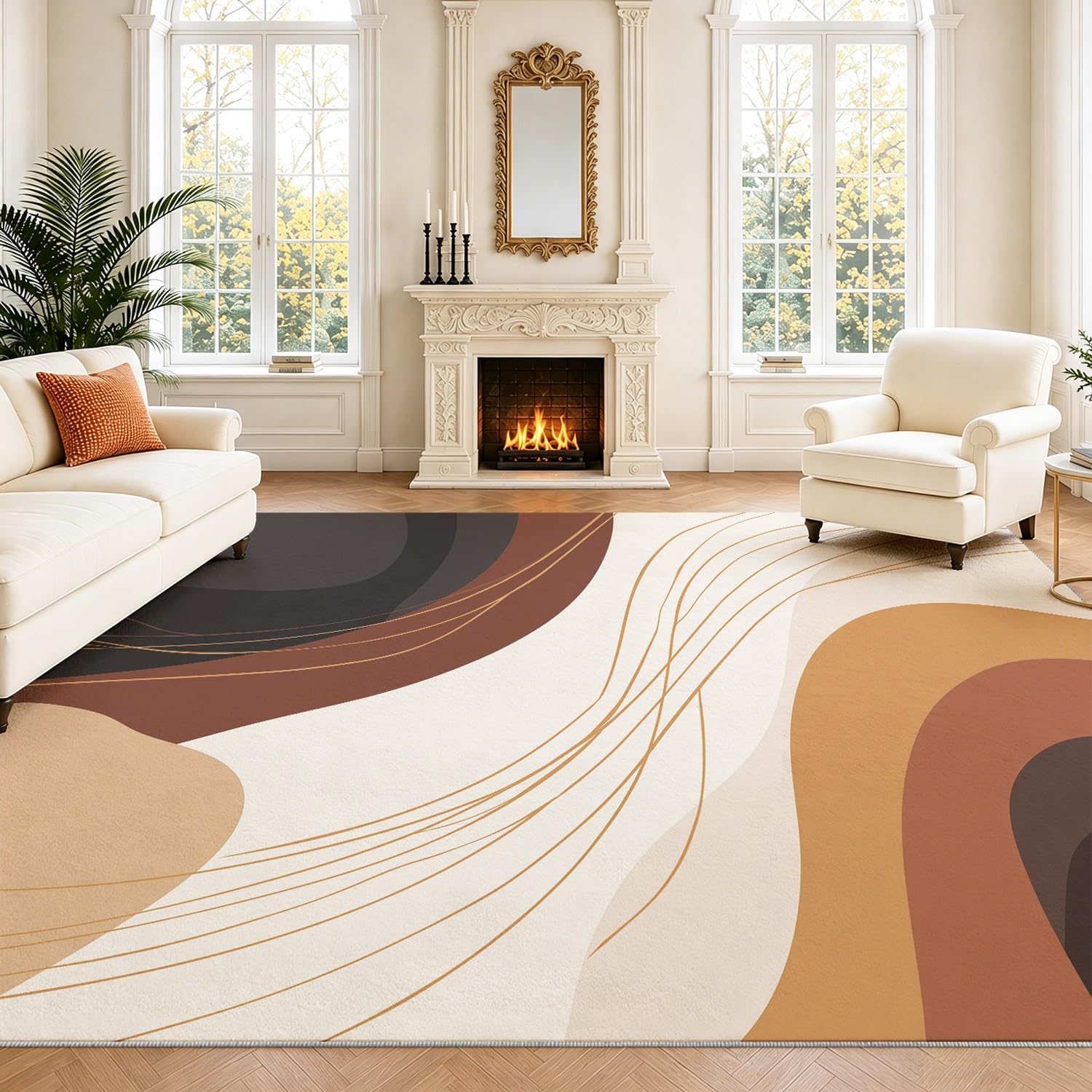 Générique Tapis Lavable Machine Salon 120 x 160 cm Tapis Abstrait Bohème Poil Bas Doux Antidérapant Chaleureux Motif Ondulé Courbe Bloc Couleur Chambre Cuisine Entrée Salle Détente Décoration Maison