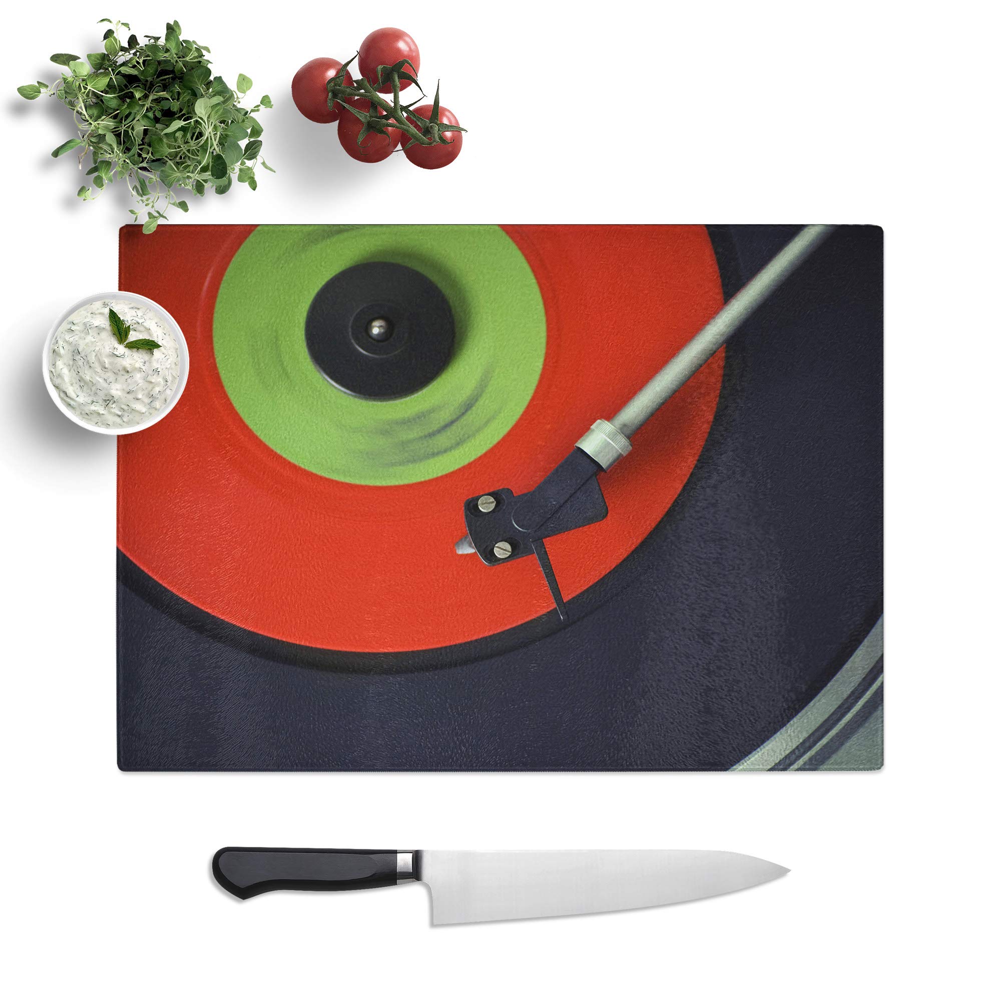 Kitchen Chopping Board Glass - Turntable Record Vinyl - Textured Worktop Saver Cutting Board - Heat Resistant, Shatterproof and Hygenic - 28.5 x 20 cm