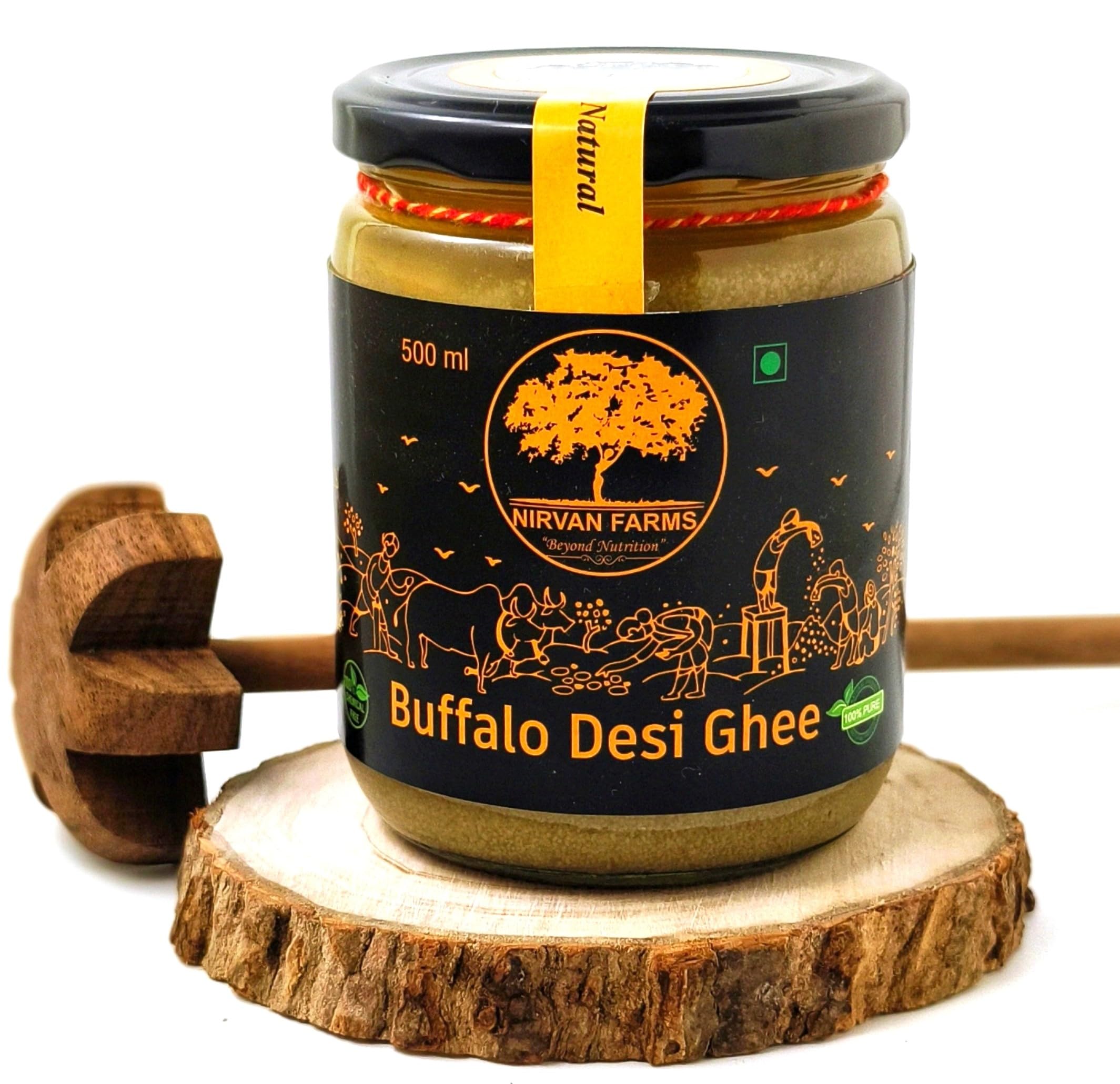 Nirvan Farms Pure Buffalo Desi Ghee- A2 Bilona Method -Natural And Organic 500 Ml (Light Brown)