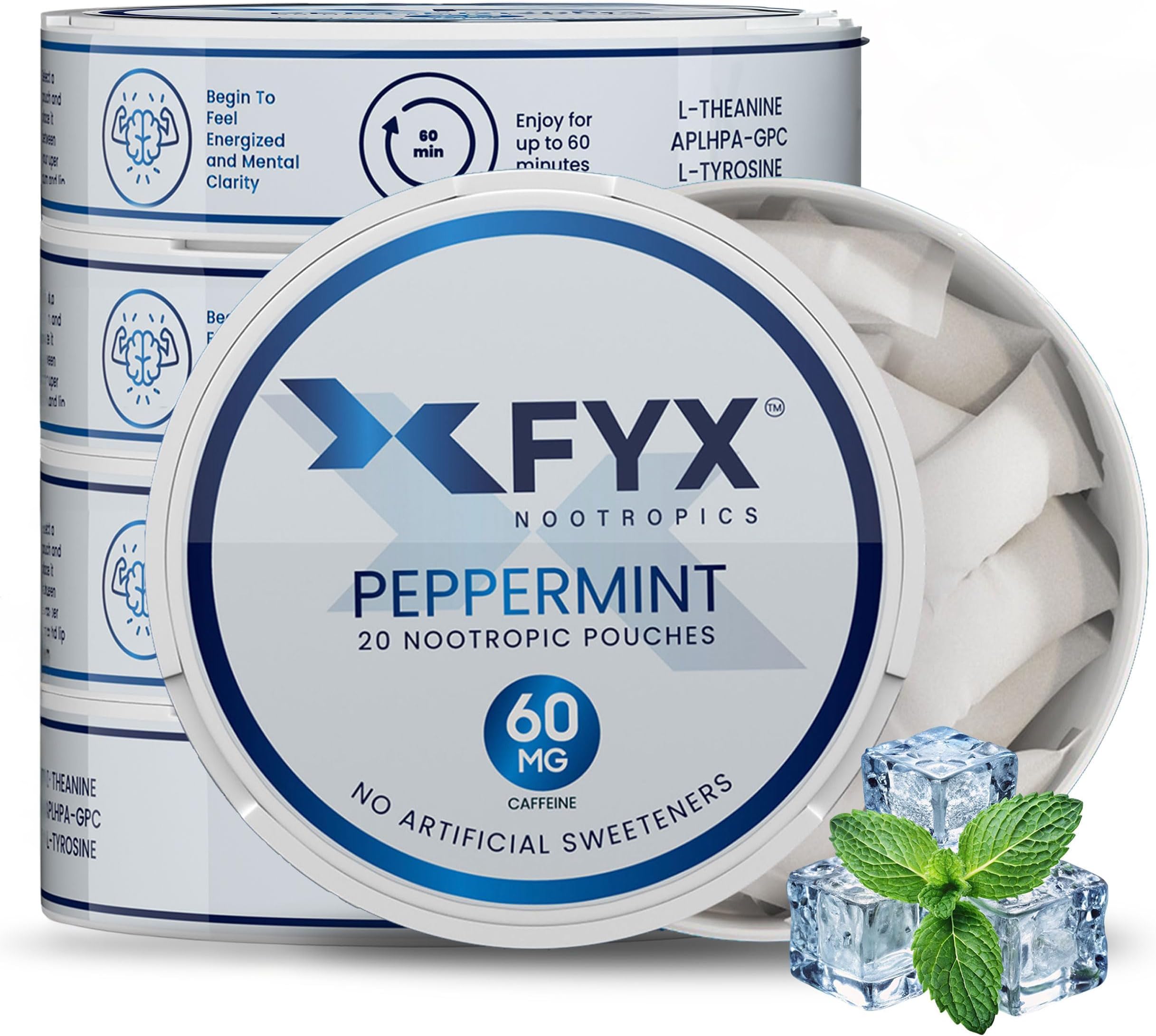 FYX Caffeine Nootropic Pouches โ Clean Energy & Focus with Alpha-GPC, L-Tyrosine & L-Theanine โ 60mg Caffeine Pouches โ Sugar-Free Alpha Nootropic Pouches โ 5-Pack (5-Count, Peppermint)