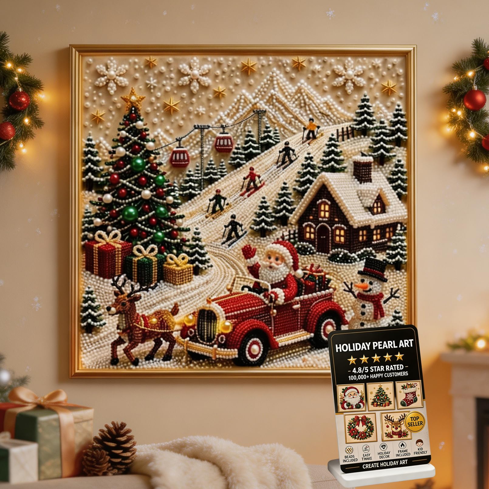 XIANGSHI DIY Christmas Pearl Diamond Painting Art Kit with Frame, Christmas Pearl Beads Art Craft for Adults & Beginners, Gemstone Diamond Dots Beads Painting Hanging Kit for Home Wall Decor (#F)
