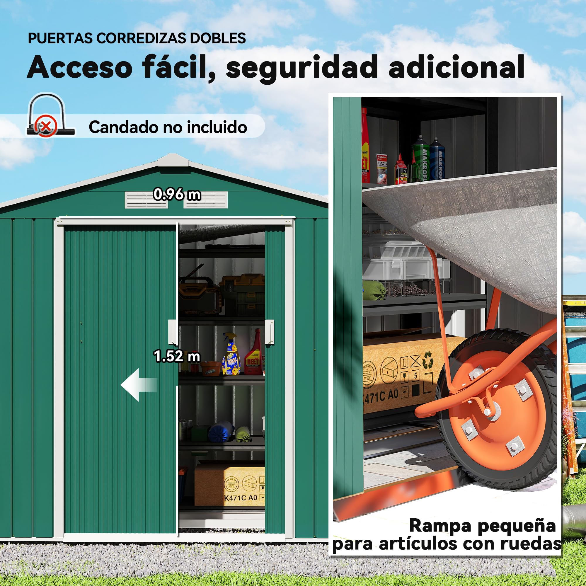 Outsunny Caseta de Jardín Exterior, 2,5 m² 213x130x185 cm, Cobertizo de Jardín Exterior Metálico con 2 Puertas Correderas, Base Refuerzo (Suelo NO Incluido) y 4 Ventanas, Verde Oscuro — view 4