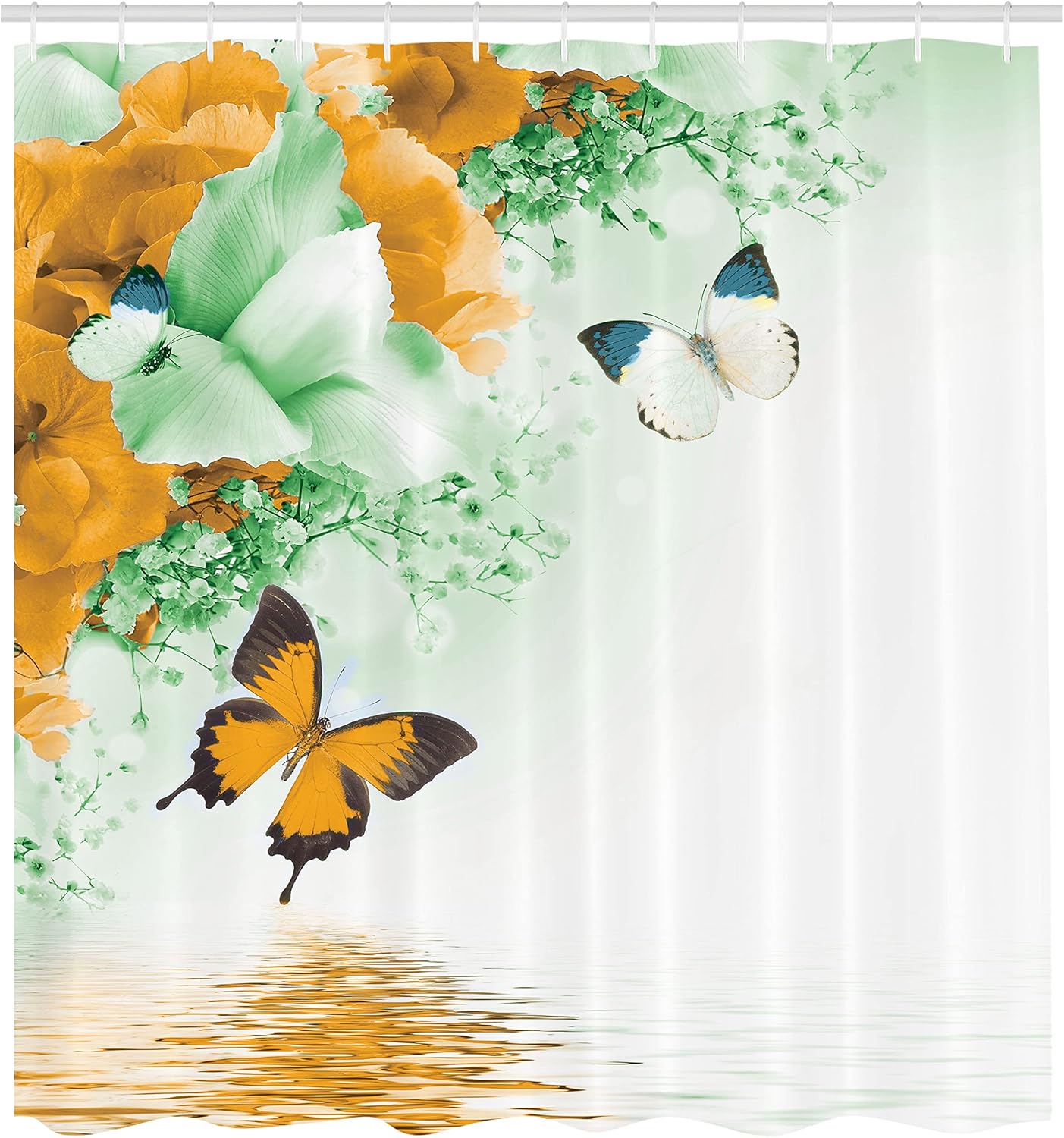 Ambesonne Floral Shower Curtain, Nature Theme Wild Flowers Monarch Flying Butterflies Lily on Lake Therapy Spa, Cloth Fabric Bathroom Decor Set with Hooks, 69" W x 70" L, Dark Yellow