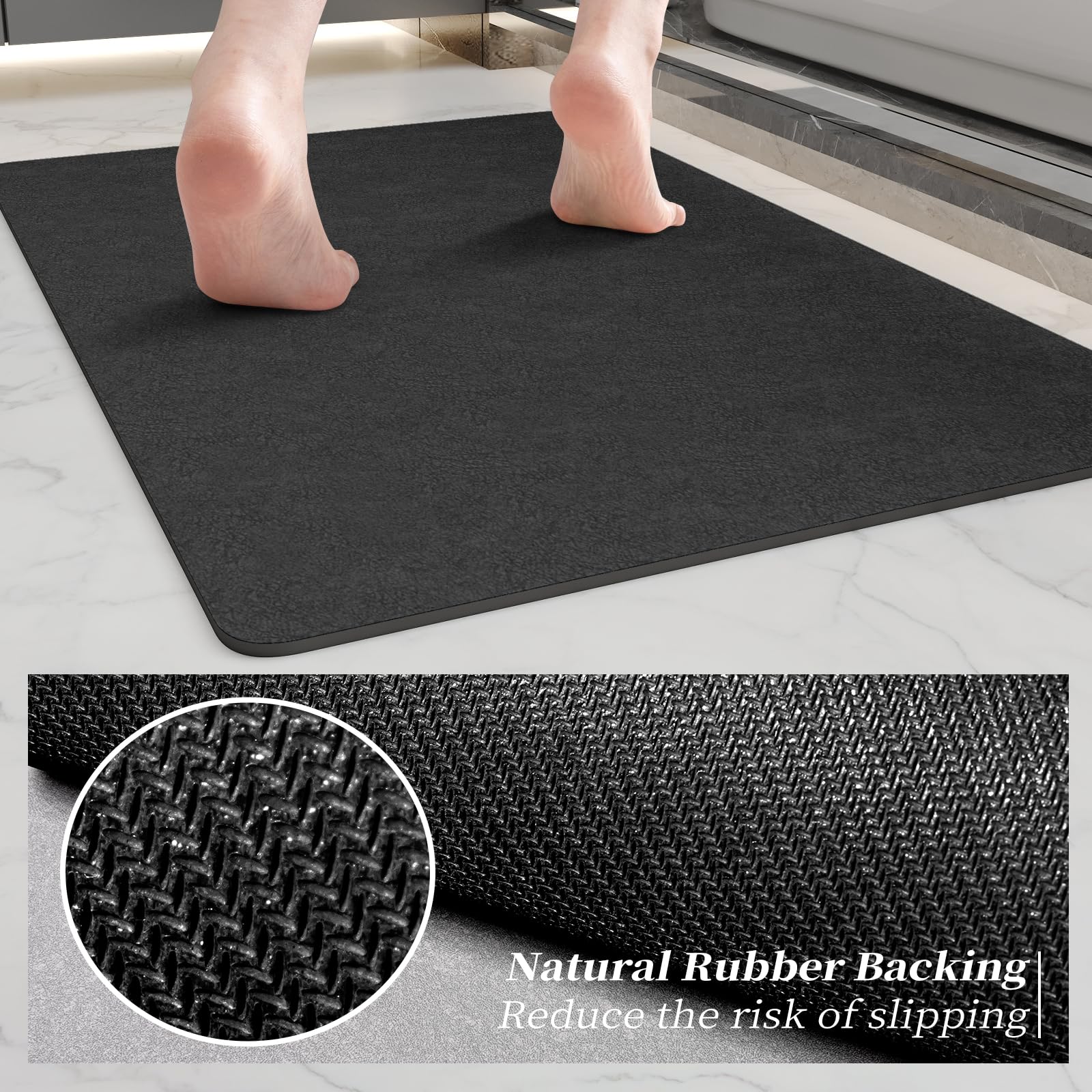 Alfombra de baño larga gris oscuro de 59 x 17 pulgadas, de tierra de diatomeas, alfombra de baño grande de secado rápido, antideslizante con parte trasera de goma, alfombra de ducha súper absorbente,