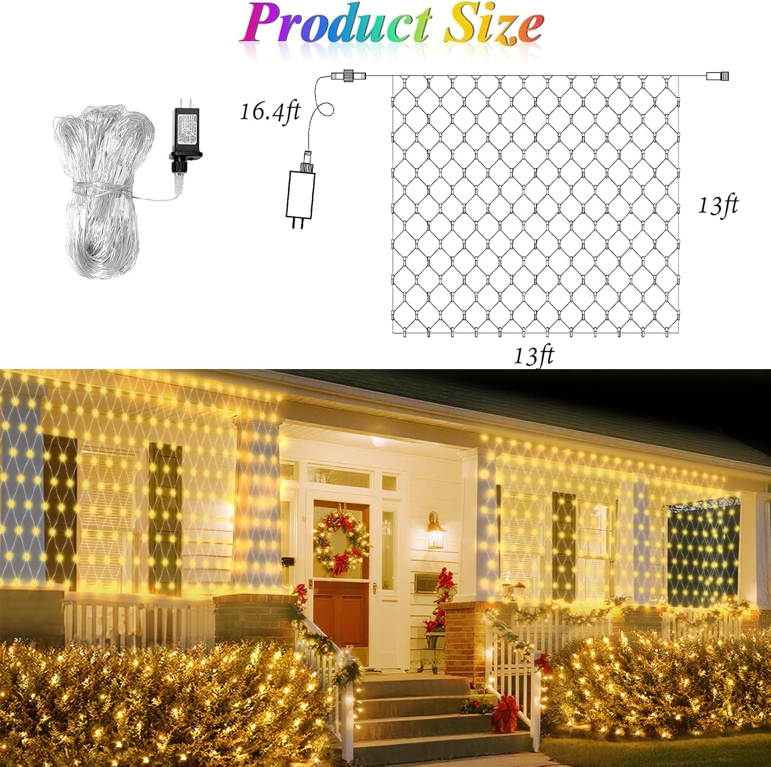 Lovelite 13ft x 13ft Net Lights Outdoor, 400LED Large Gazebo Lights 8 Modes Timer, Waterproof Connectable Christmas Mesh Light Clear Wire for Bushes Patio Pergolas Garden Holiday Party - Warm White