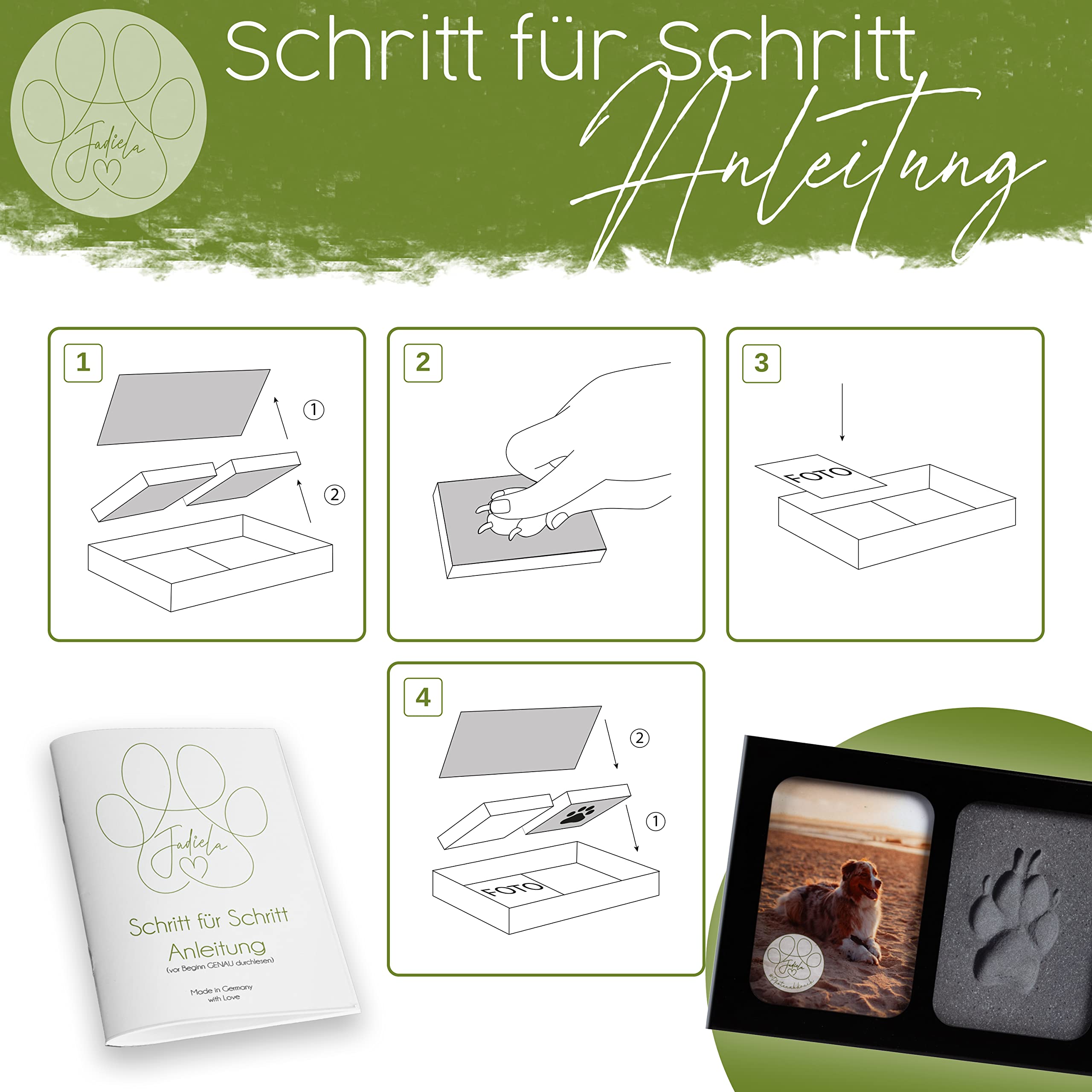 Jadiela Pfotenabdruck Set Hund oder Katze 3D Bilderrahmen in Schwarz, Abdruck Hundepfote Geschenk, Made in Germany