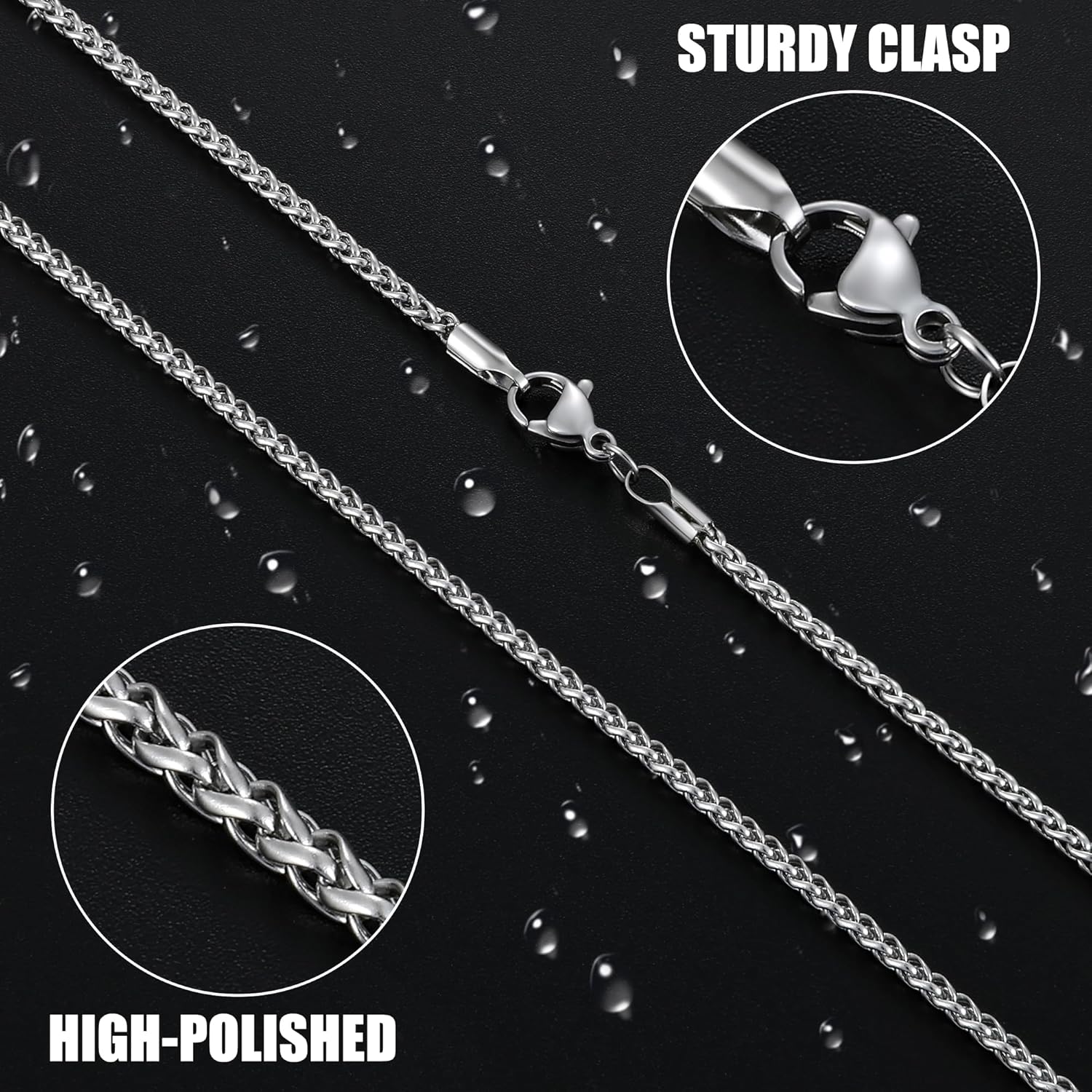 Fiusem Black Wheat Chains for Men and Women, 2/2.5/3/4/5mm Stainless Steel Necklace Chain, Mens Necklace Jewelry Gift 16-28 Inch - Image 6