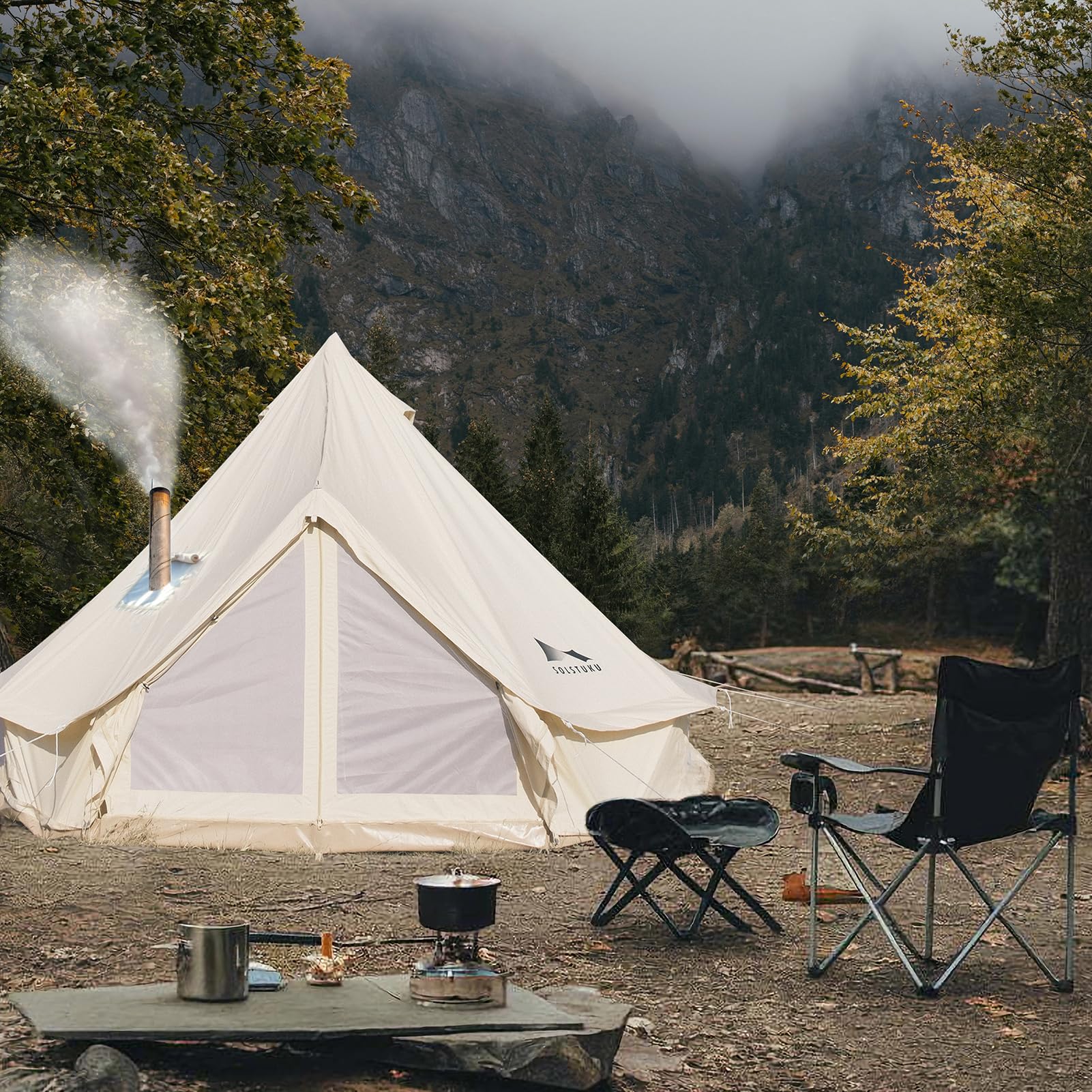 SOLSTUKU SOLSTUKU Canvas Bell Tent with Stove Jack - 4 Seasons Waterproof Yurt Tent for Luxury Camping, Glamping & Outdoor Adventures