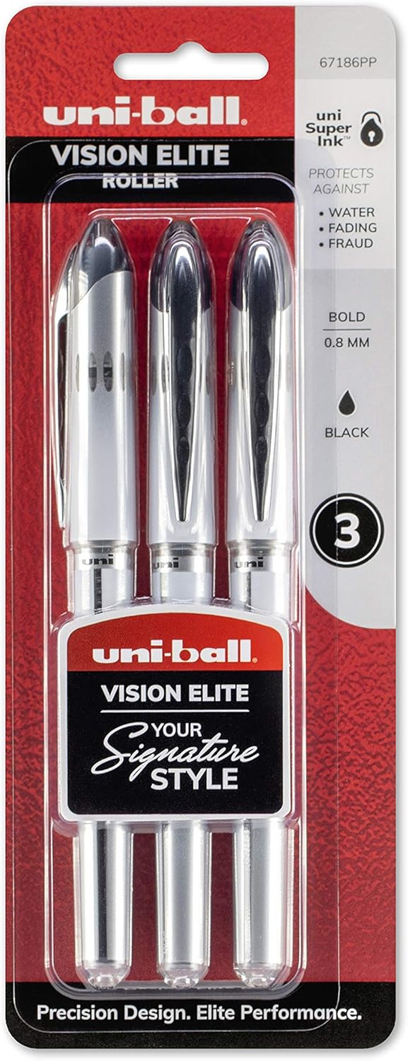 uni-ball Vision Elite Rollerball Pens, Bold Point (0.8mm), Black, 3 Count : Office Products