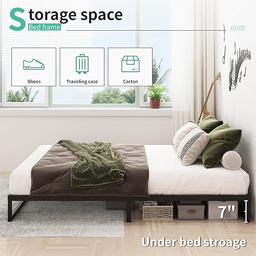 Miniatura 3 de Lutown-Teen Marco de cama tamaño Queen de 9 pulgadas, soporte de listones de acero resistente, plataforma de metal, marco de cama Queen, no necesita