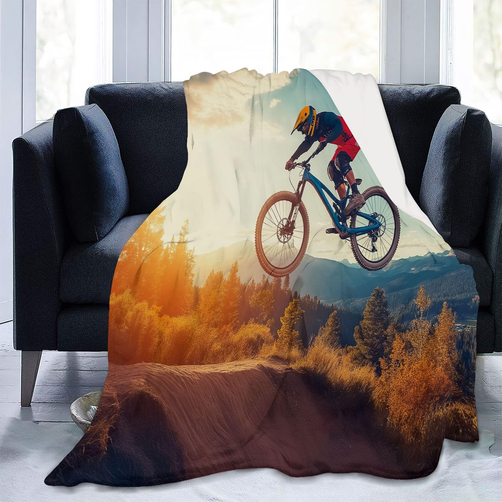CozyRest Drucken Flanell Fleecedecke Mountainbike-Fahrer Themed Wohndecke bequem und atmungsaktiv Kinder Kuscheldecke 150 x 200 cm für Erwachsene Camping Sofa Decke