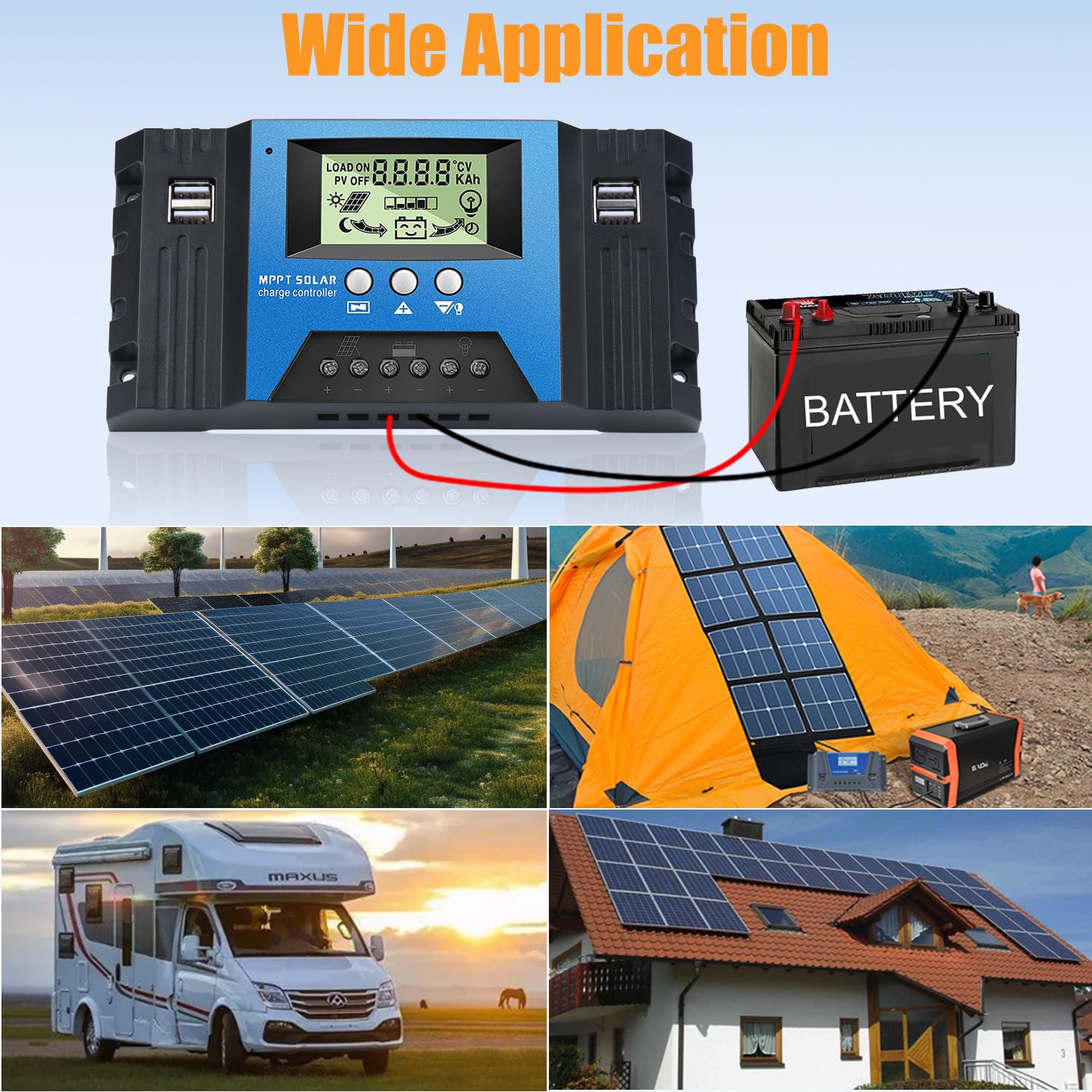30A Solar Laderegler 12V 24V, 30A Solarladeregler mit Temperatursensor, 4 USB Ports, Solarladeregler für 12V/24V Blei Säure Batterie und Lithium-Batterien