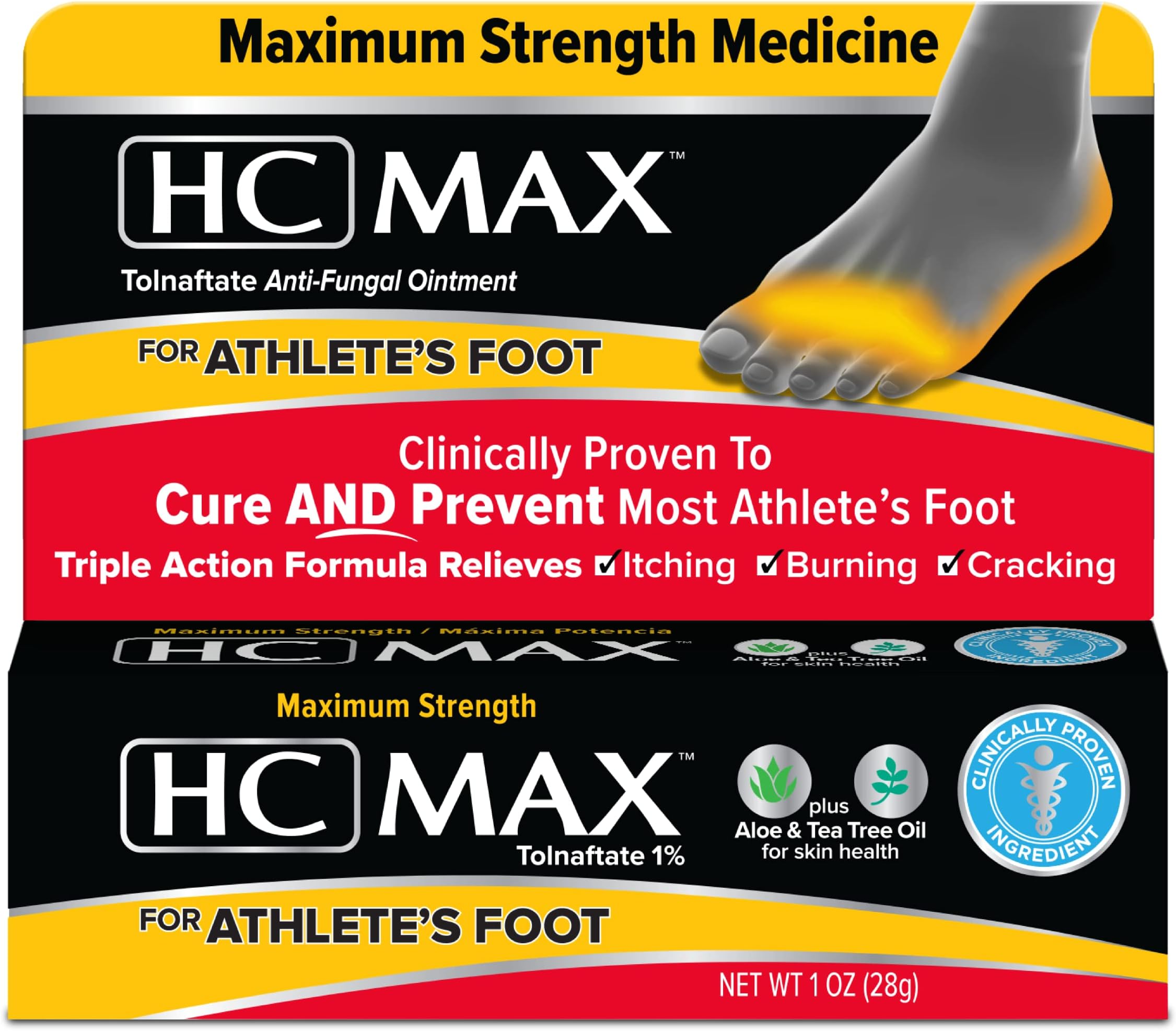 HC MAX Anti-Fungal Ointment with 1% Tolnaftate, Tea Tree Oil, Aloe Vera - Athlete's Foot Treatment 1oz