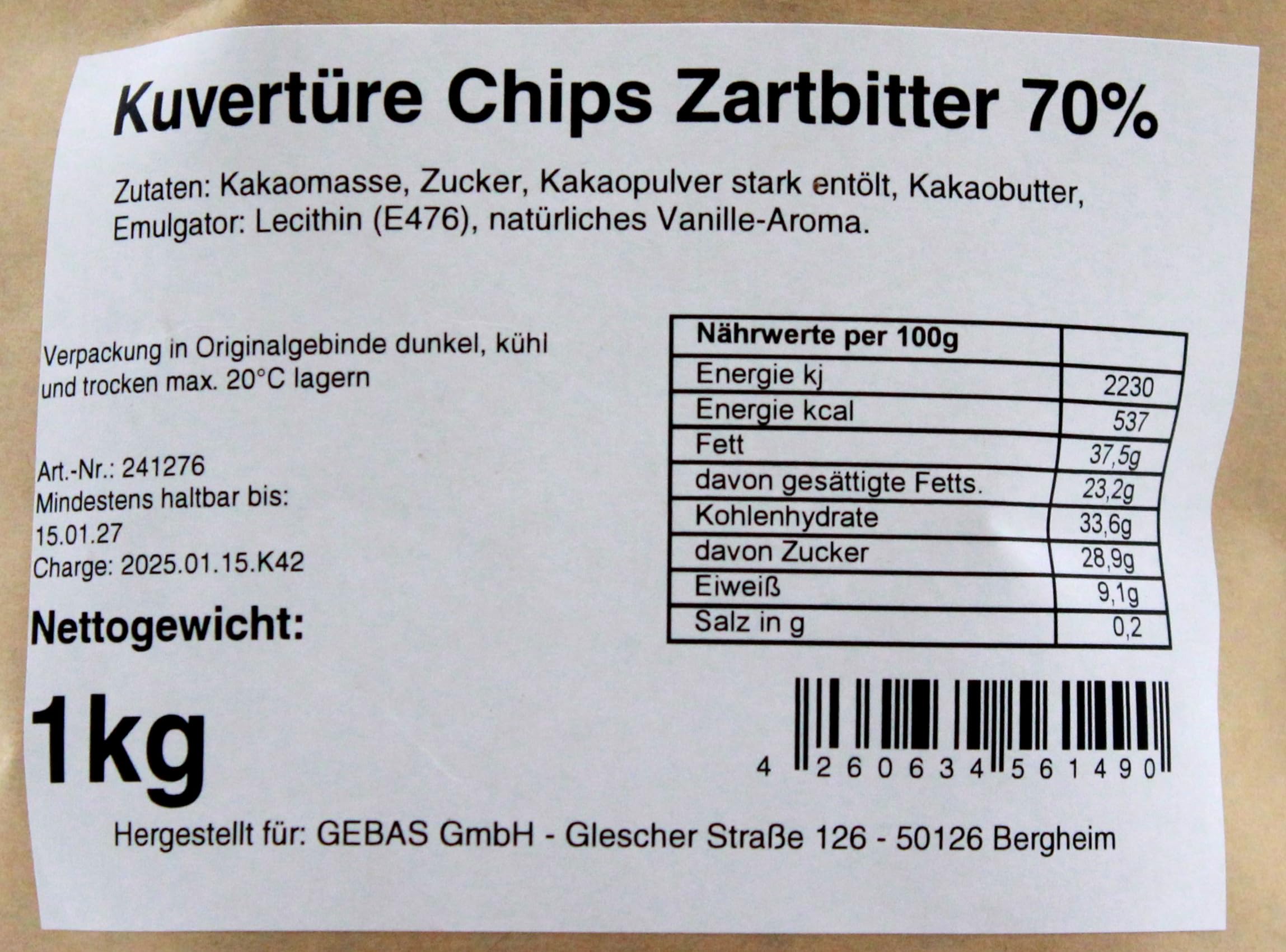 Duliamo Kuvertüre-Chips Bitter 70%, (1 x 1kg Beutel)