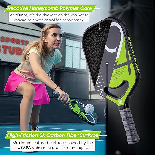 Miniatura 3 de Apex Pro Series - Paleta de pickleball de fibra de carbono 3k, aprobada por USAPA, superficie de alto giro, control definitivo, núcleo de
