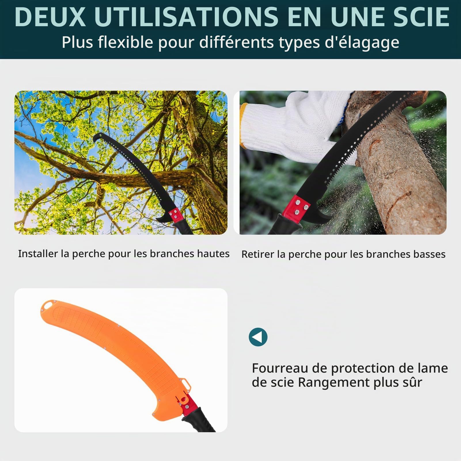 Scie d'élagage avec manche télescopique, hauteur réglable de 8 m, 2,24 m à 8,24 m, lame en acier au carbone avec sac de transport et 2 lames de scie jusqu'à 10 m de hauteur de travail manuelle