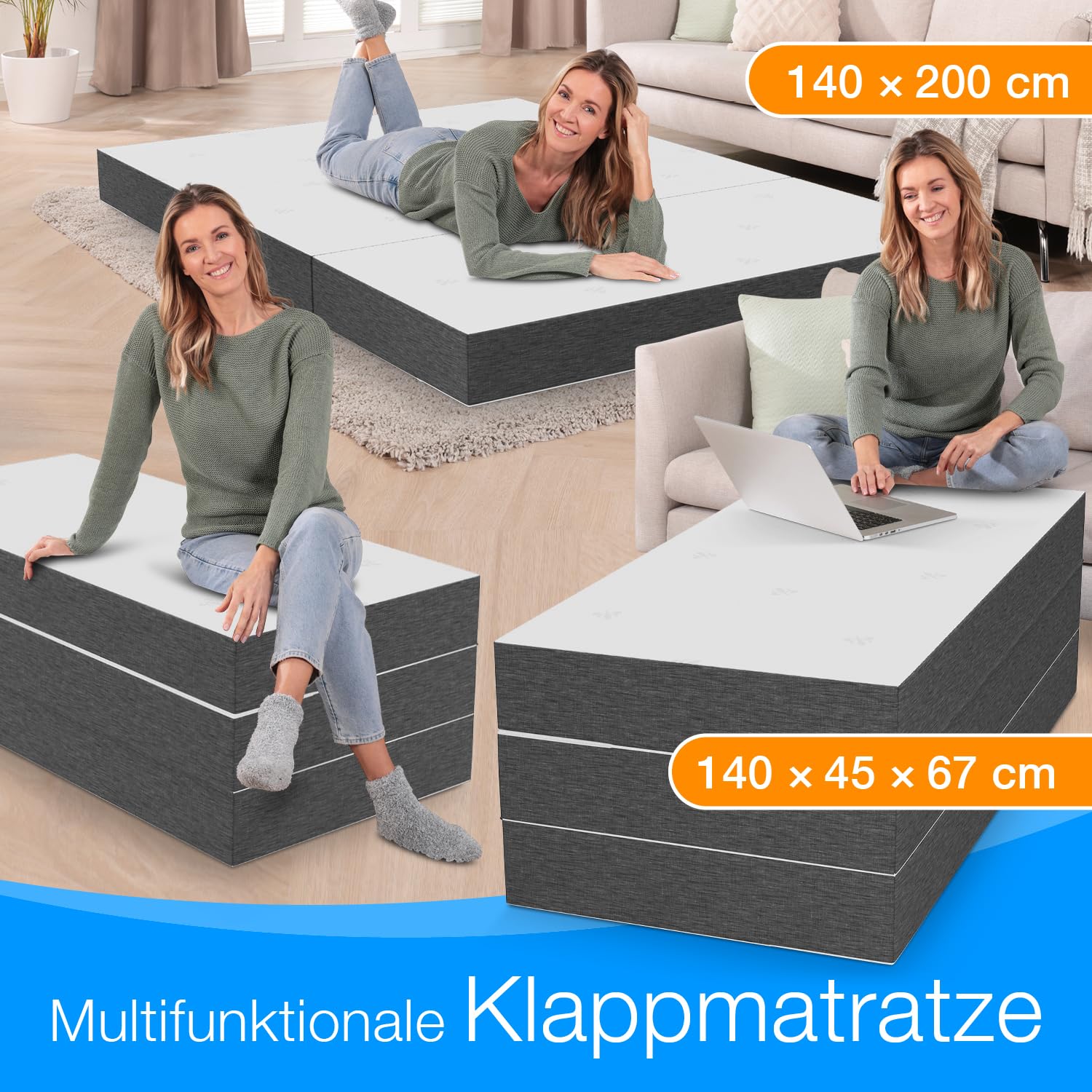 ELONEO Colchón Plegable 2 Personas, Colchón de Espuma Premium Visco, 140x200 cm, Grosor: 15 cm, Cama de Viaje para Niño y Adulto, Cama Supletoria para Adulto y Niño, Funda Lavable