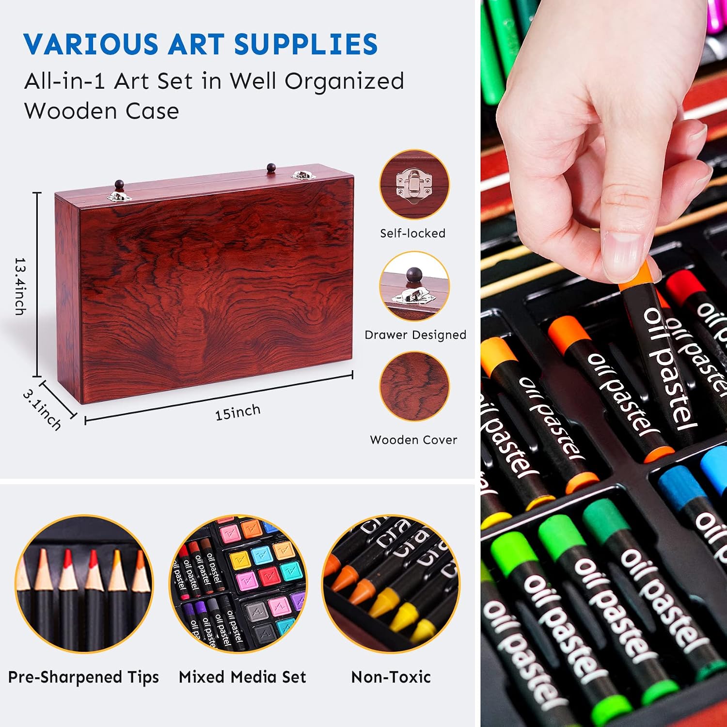 157-Pack Deluxe Art Set Drawing Painting Kit with Coloring Book, 2 x 50 Sheet Sketch Pads, Art Supplies Wooden Creative Gift Box with Crayons, Oil Pastel, Colored Pencils for Adults Artist Beginners