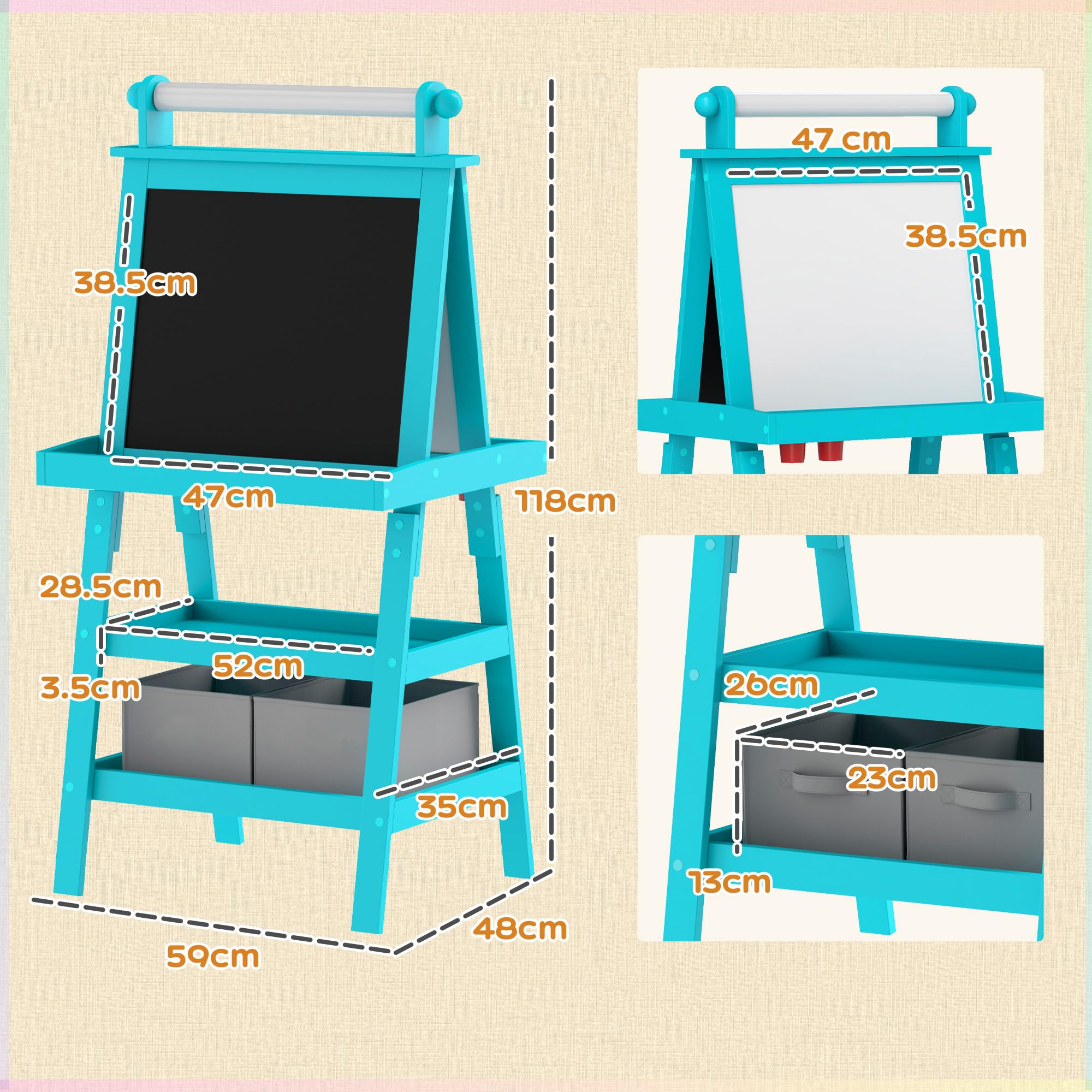 AIYAPLAY Lavagna per Bambini Cancellabile a Doppia Facciate con Rotolo di Carta e 2 Contenitori, Lavagna Magnetica Bianco, Nero con Cavalletto Artistico in Legno per Pittura e Regalo, 3-6 Anni, Blu