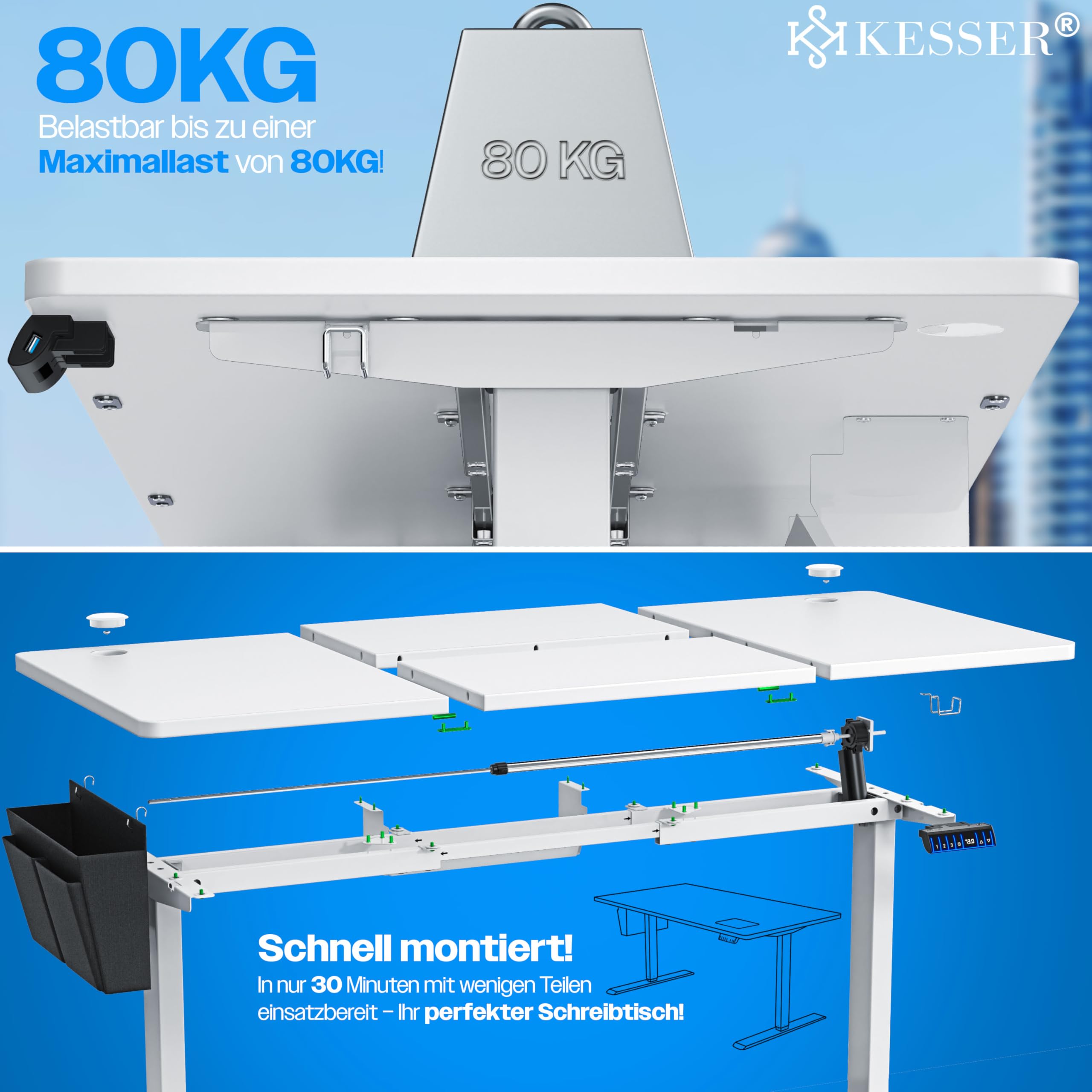 ZECIIYE Höhenverstellbarer Schreibtisch - Elektrisch Verstellbar Mit LED-Beleuchtung