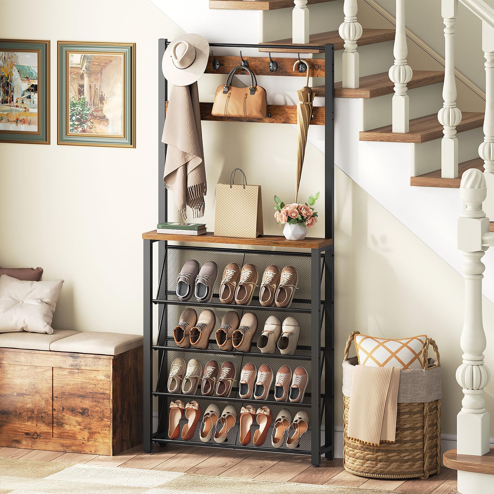HOOBRO Meuble d’Entrée Étroit de 20 cm avec Rangement à Chaussures et Crochets, Porte-Manteau Multifonctionnel, pour Couloir, Entrée, Derrière la Porte, Marron Rustique et Noir EBF20MT01
