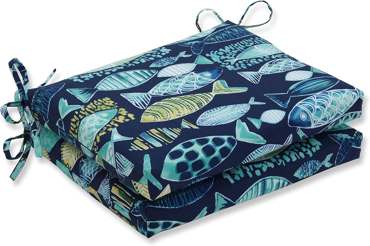 Pillow Perfect Outdoor/Indoor Hooked Lagoon Square Corner Seat Cushions, 20" x 20", Blue, 2 Pack